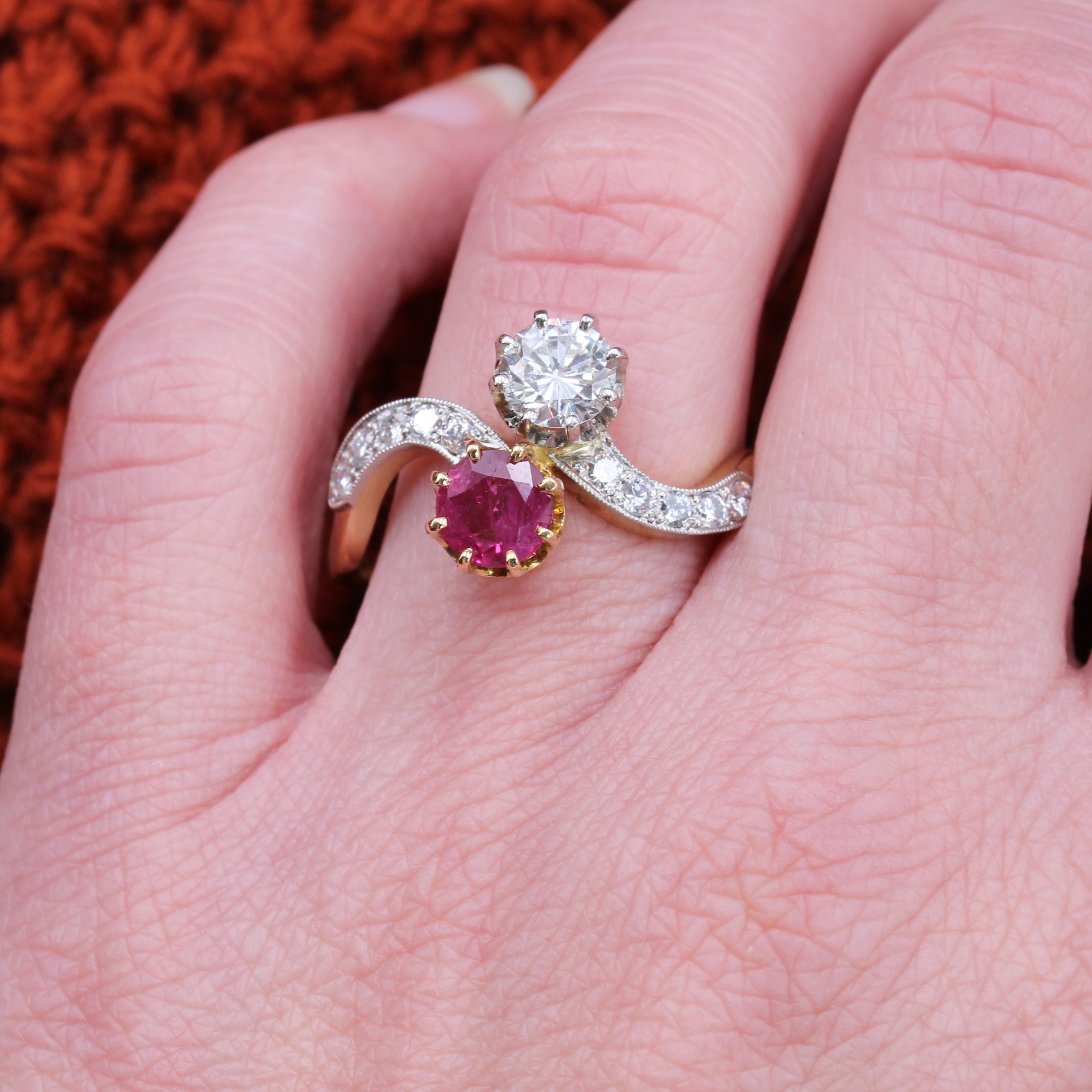 1960s Ruby and Diamonds 18 Karat Yellow Gold You and Me Ring For Sale 8