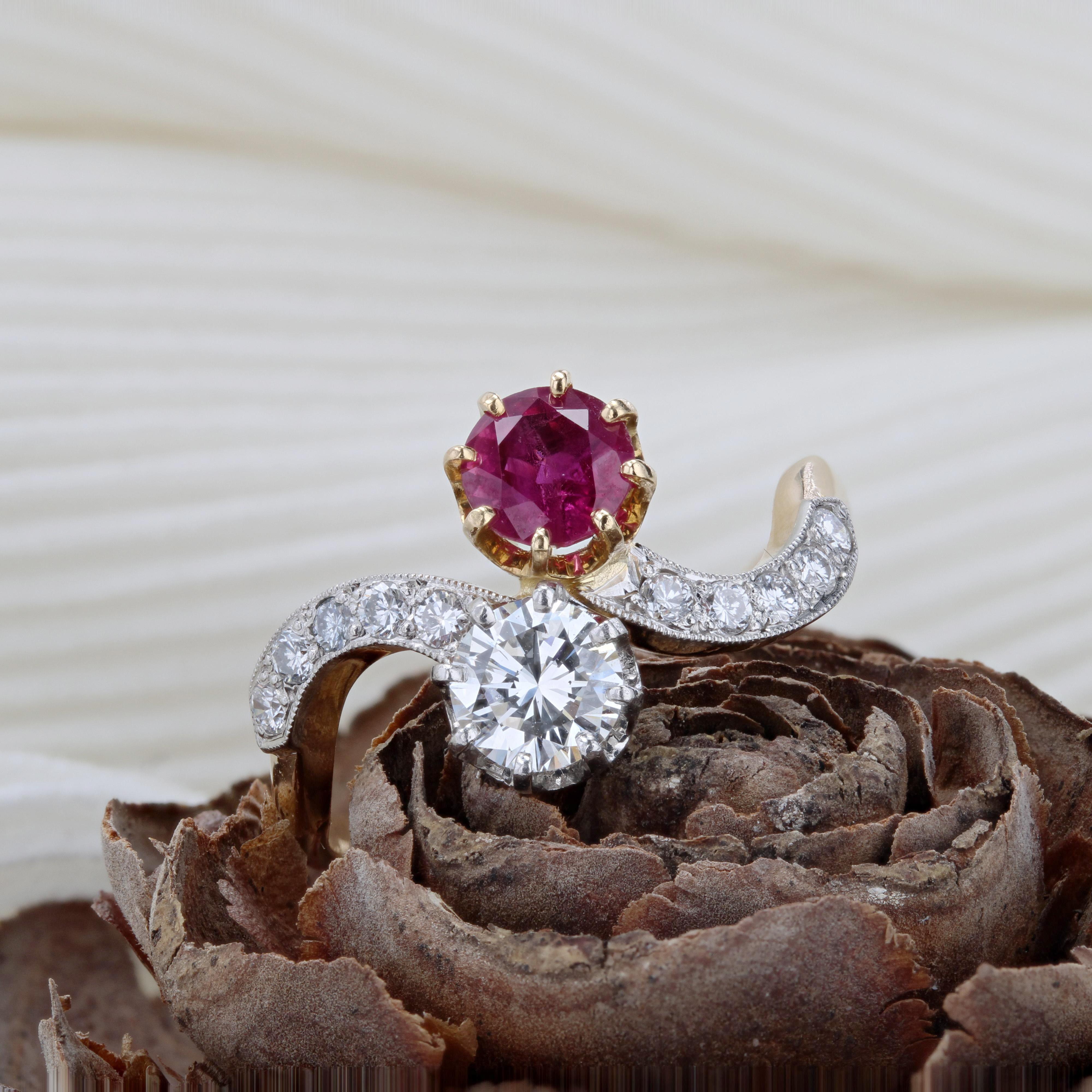 Retro 1960s Ruby and Diamonds 18 Karat Yellow Gold You and Me Ring For Sale