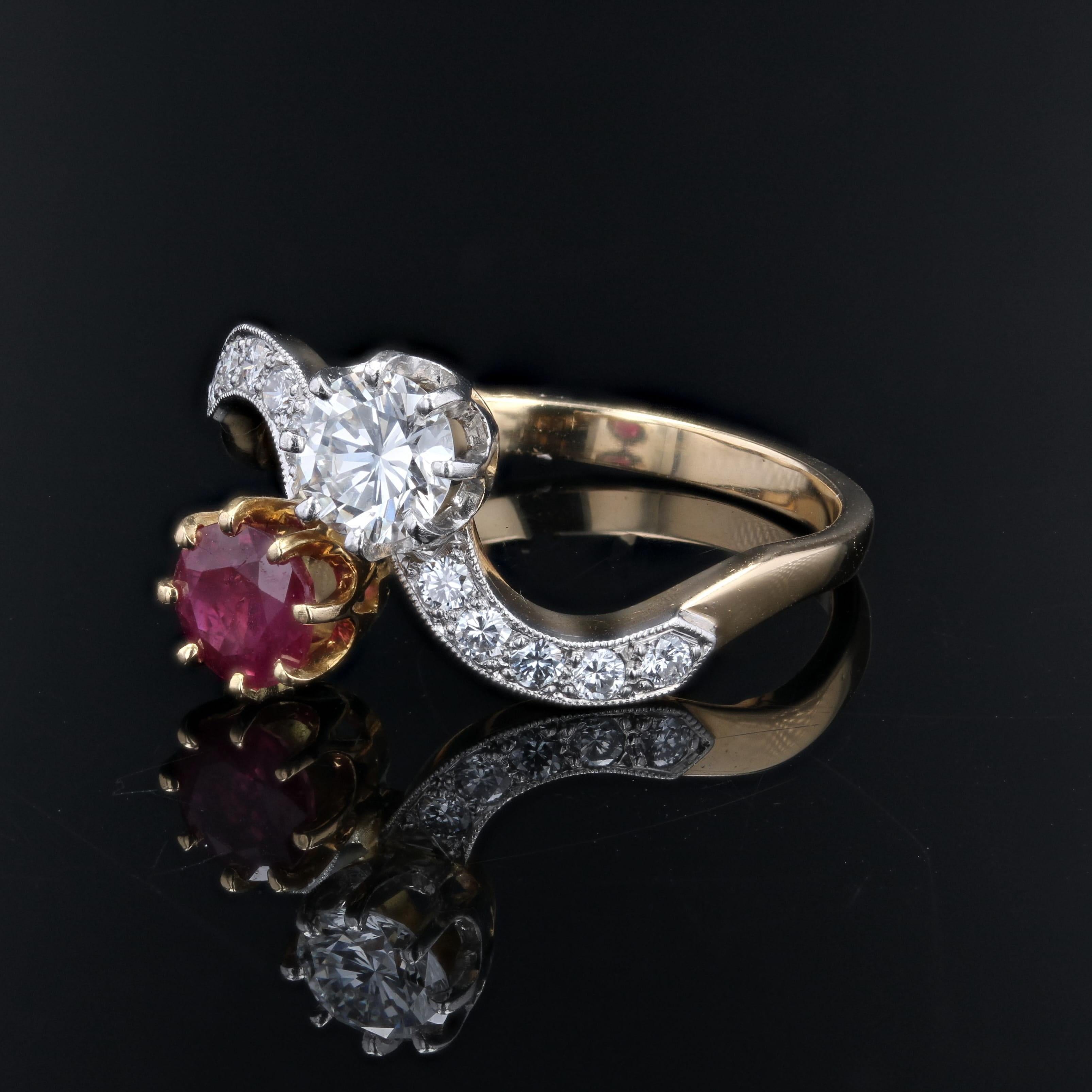 1960s Ruby and Diamonds 18 Karat Yellow Gold You and Me Ring For Sale 1