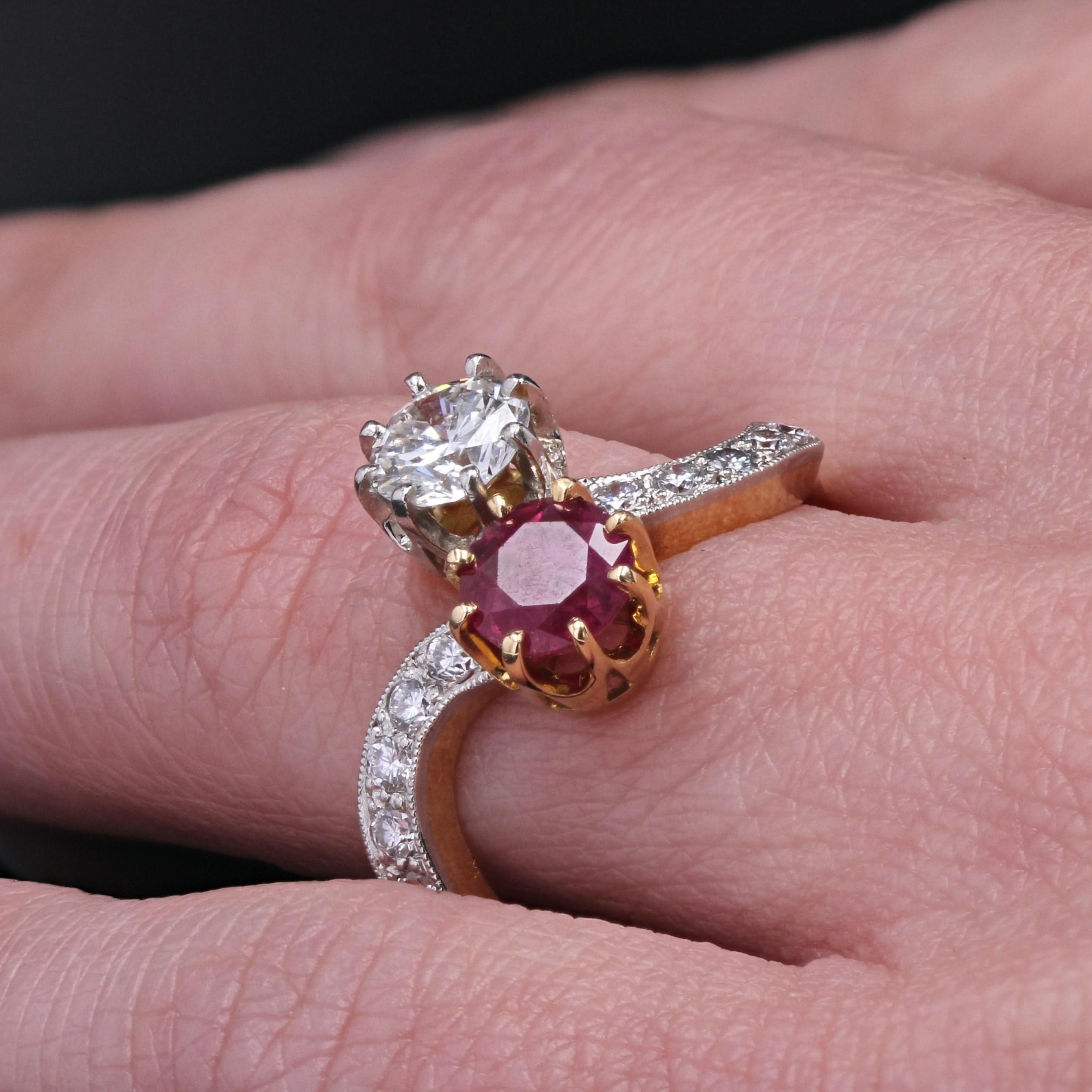 1960s Ruby and Diamonds 18 Karat Yellow Gold You and Me Ring For Sale 2