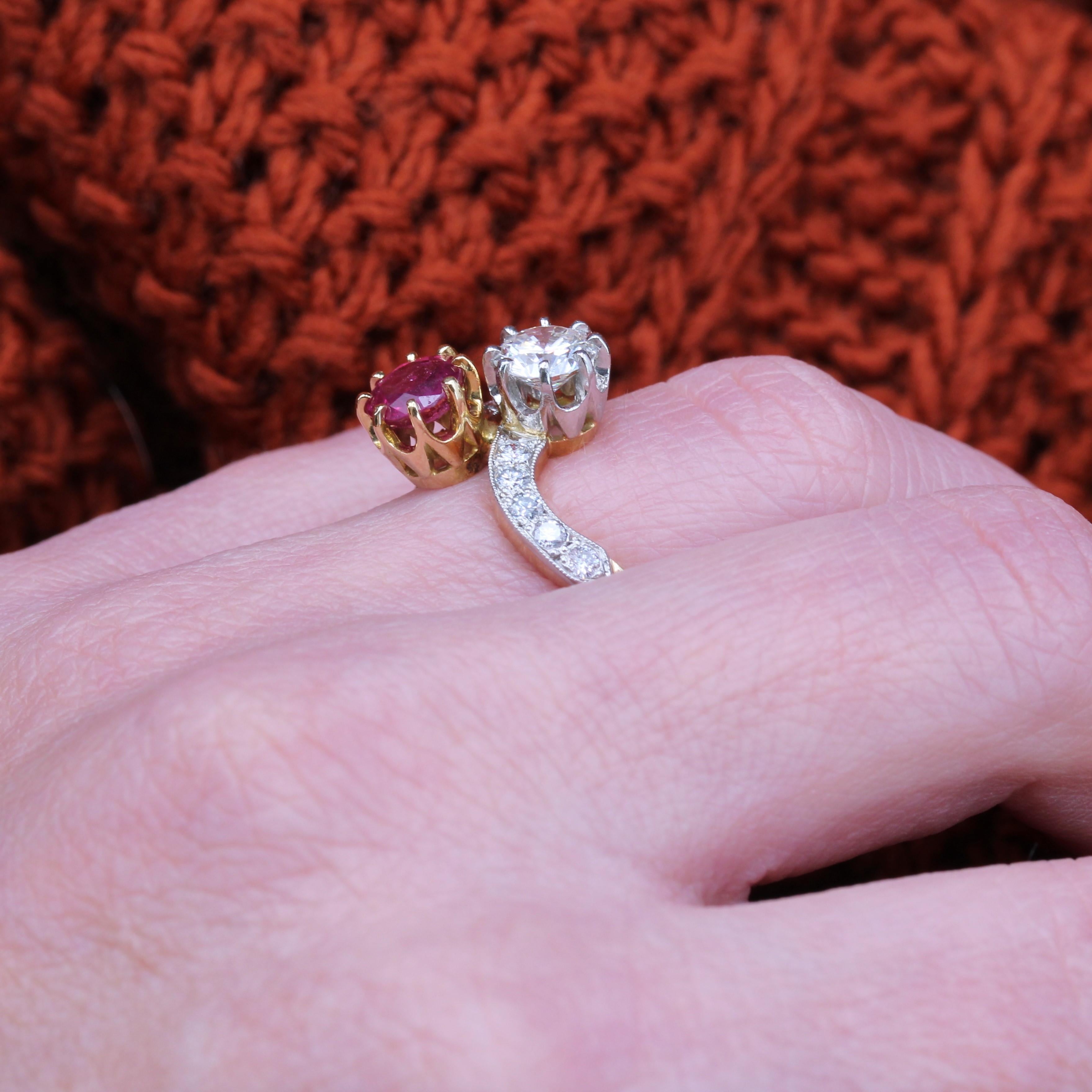 1960s Ruby and Diamonds 18 Karat Yellow Gold You and Me Ring For Sale 3