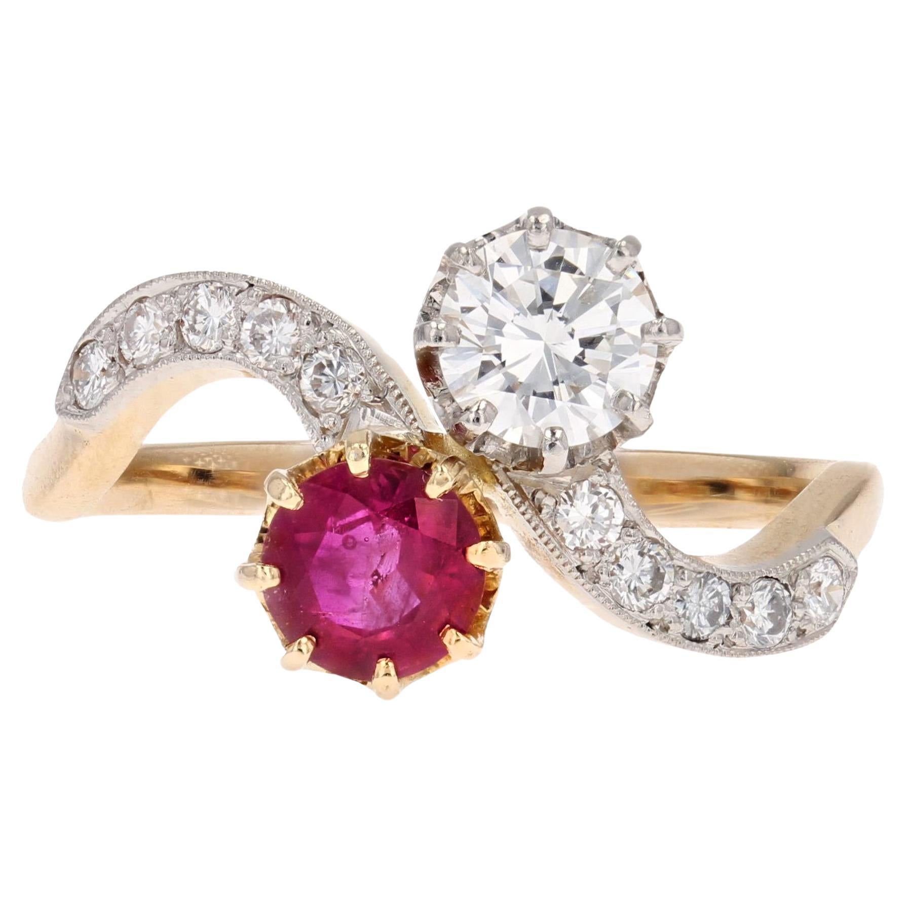 1960s Ruby and Diamonds 18 Karat Yellow Gold You and Me Ring For Sale