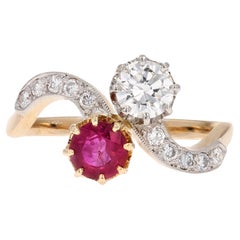 1960s Ruby and Diamonds 18 Karat Yellow Gold You and Me Ring