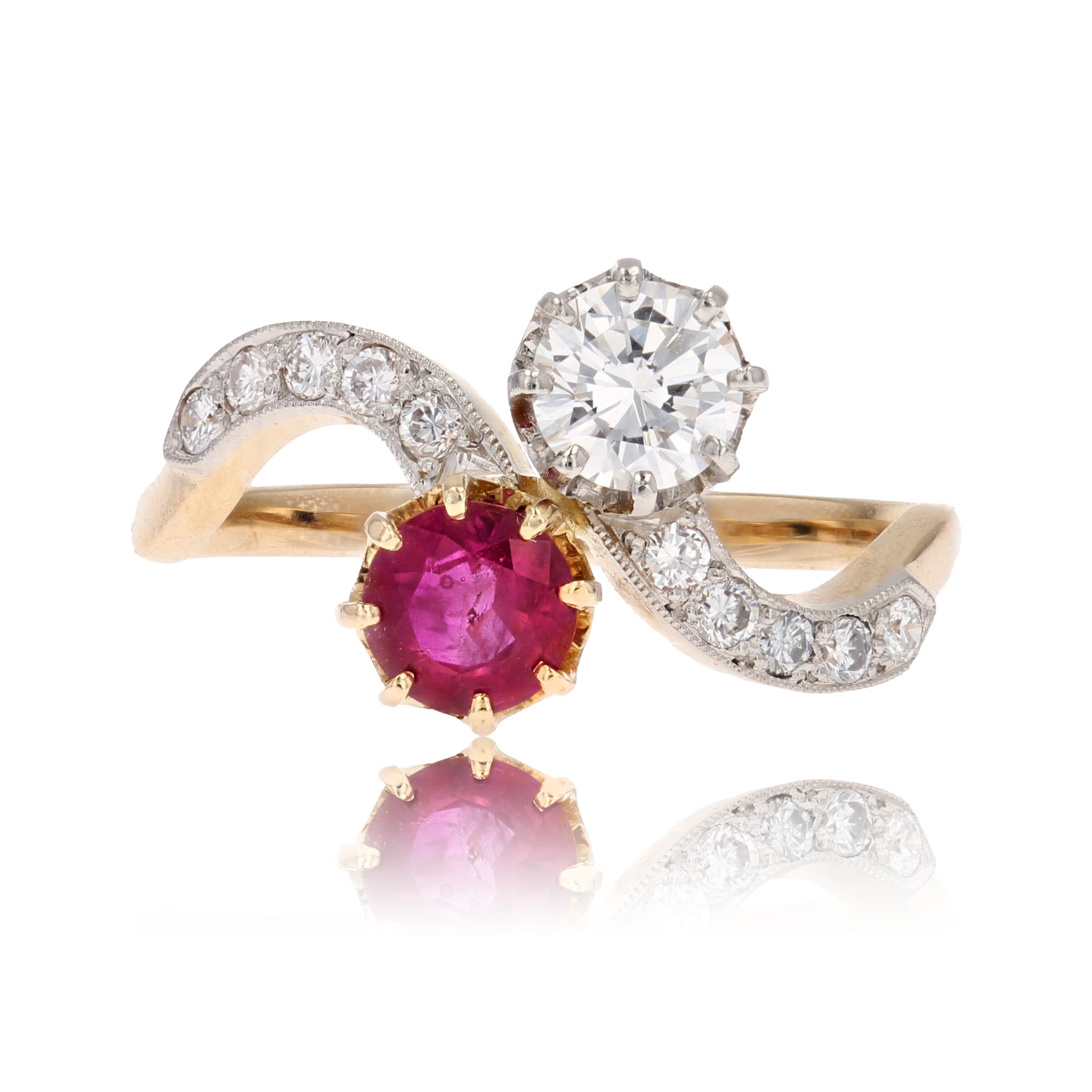 1960s Ruby and Diamonds 18 Karat Yellow Gold You and Me Ring