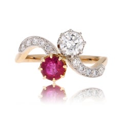 1960s Ruby and Diamonds 18 Karat Yellow Gold You and Me Ring