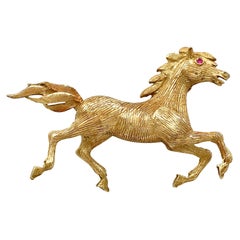 Vintage 1960s Ruby and Yellow Gold Horse Brooch