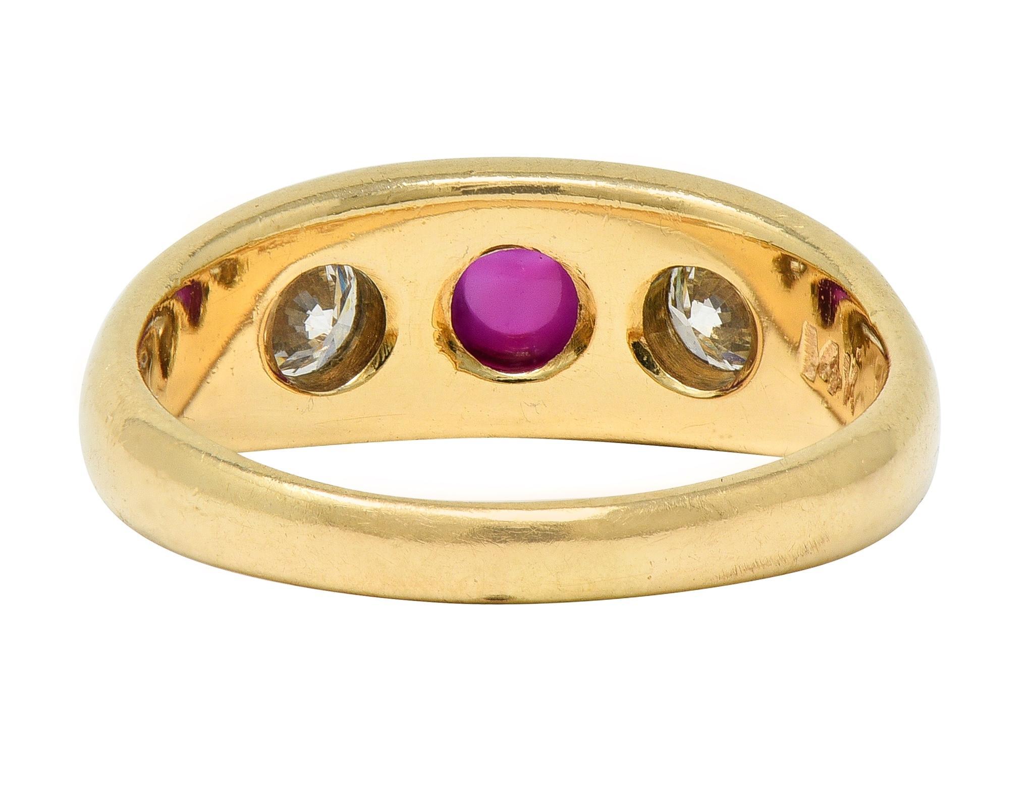 Cabochon 1960's Ruby Diamond 14 Karat Yellow Gold Vintage Three Stone Ring For Sale