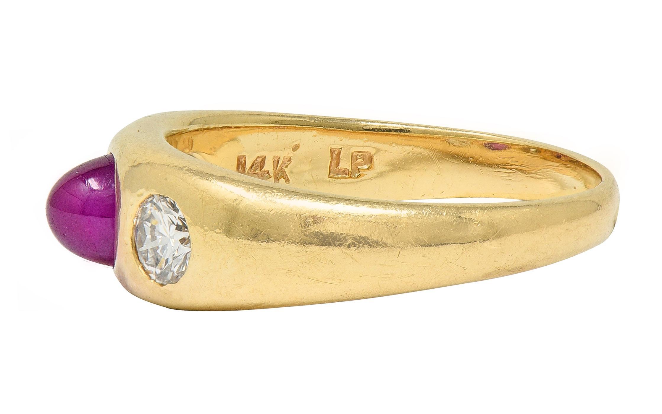 1960's Ruby Diamond 14 Karat Yellow Gold Vintage Three Stone Ring In Excellent Condition For Sale In Philadelphia, PA