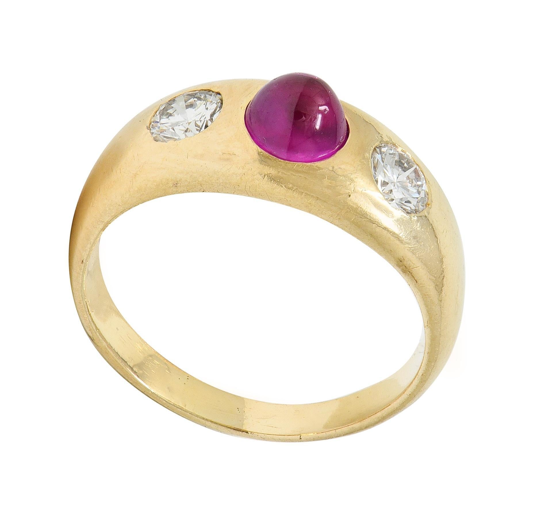 1960's Ruby Diamond 14 Karat Yellow Gold Vintage Three Stone Ring For Sale 2