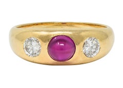 1960's Ruby Diamond 14 Karat Yellow Gold Vintage Three Stone Ring