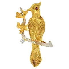 1960's Ruby Diamond 18 Karat Two-Tone Gold Vintage Bird on Branch Brooch