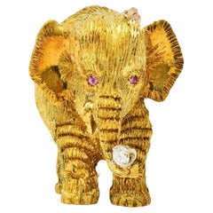 1960
s Ruby Diamond 18 Karat Two-Tone Gold Vintage Elephant Brooch