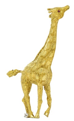 Spilla vintage a forma di giraffa in oro giallo 18 carati con diamante e rubino del 1960