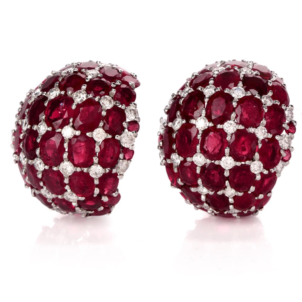 1960s GIA Ruby Diamond Cluster Dome Huggie Clip-On Earrings 1