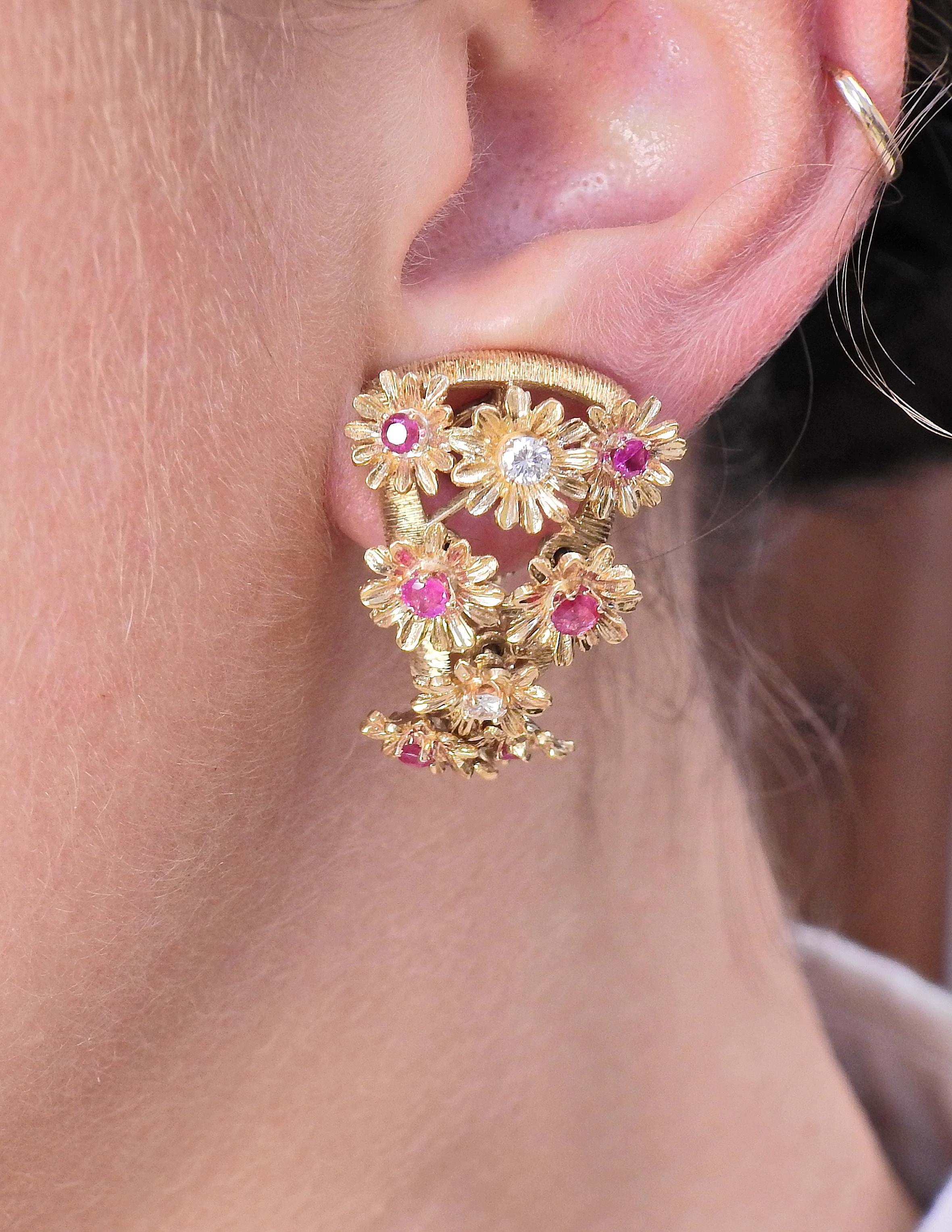 Women's 1960s Ruby Diamond Flower Movable Gold Earrings For Sale