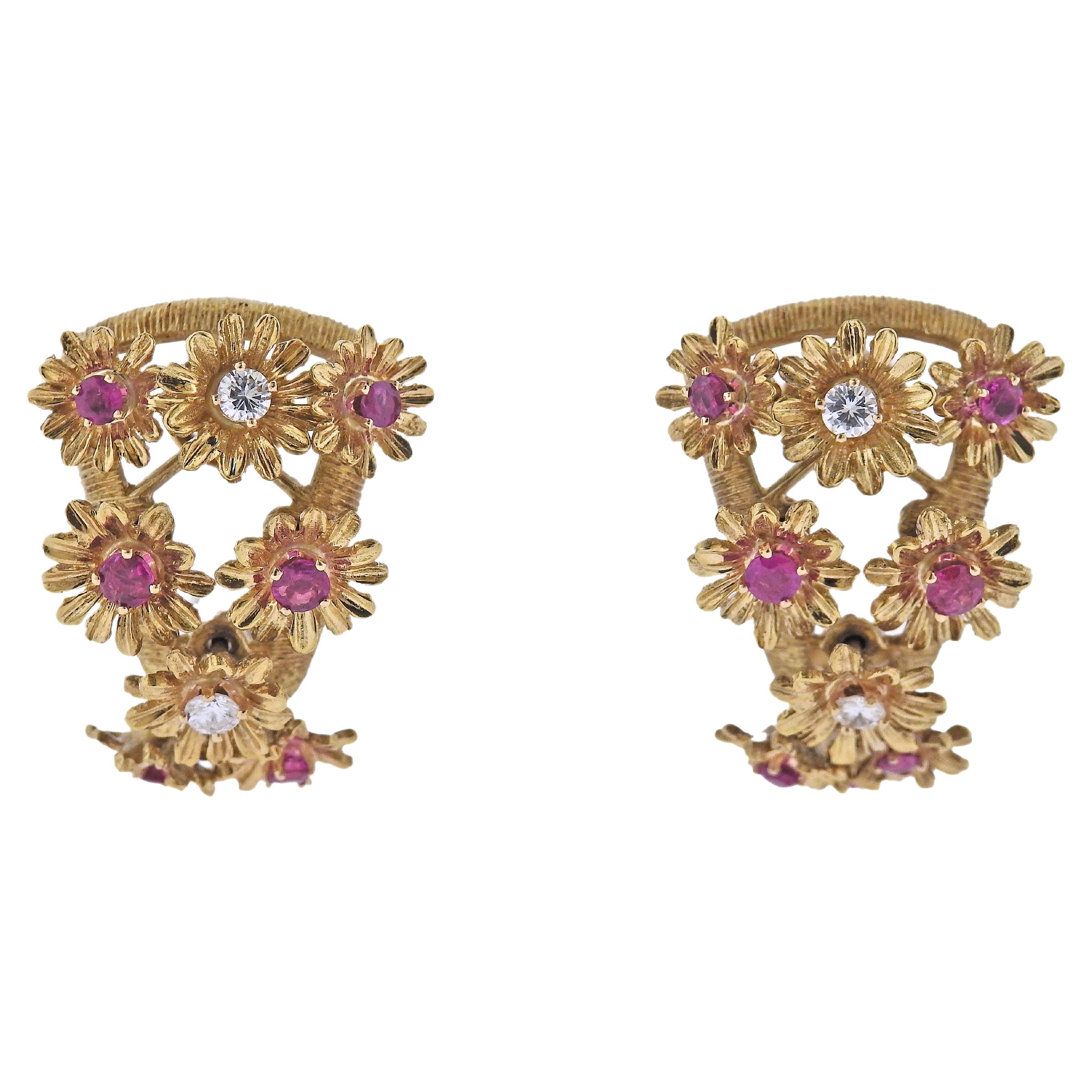 1960s Ruby Diamond Flower Movable Gold Earrings For Sale