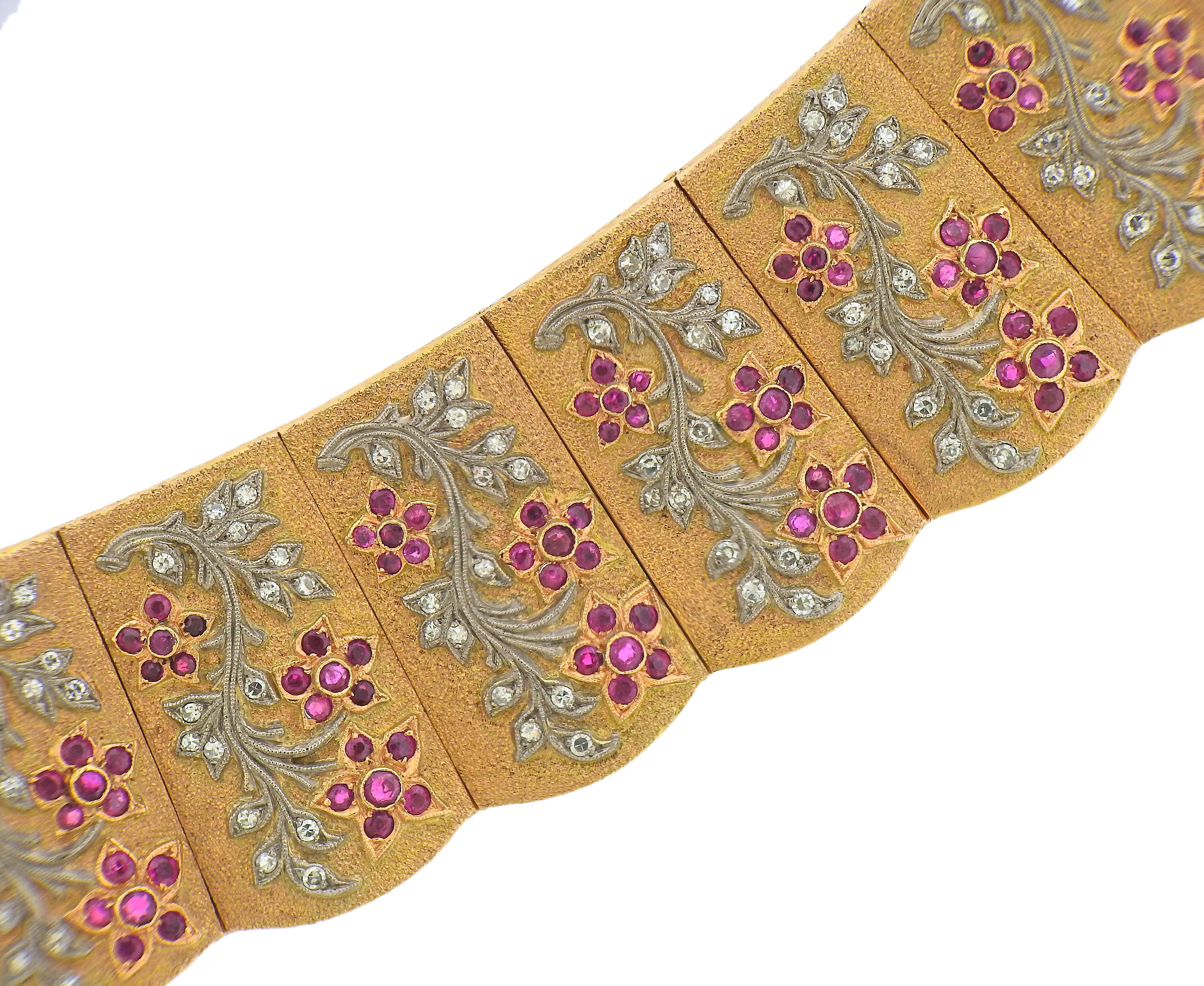 Impressive vintage , circa 1960s 18k rose gold bracelet, adorned with rubies and approx. 1.65ctw in diamonds. Bracelet is 7.5