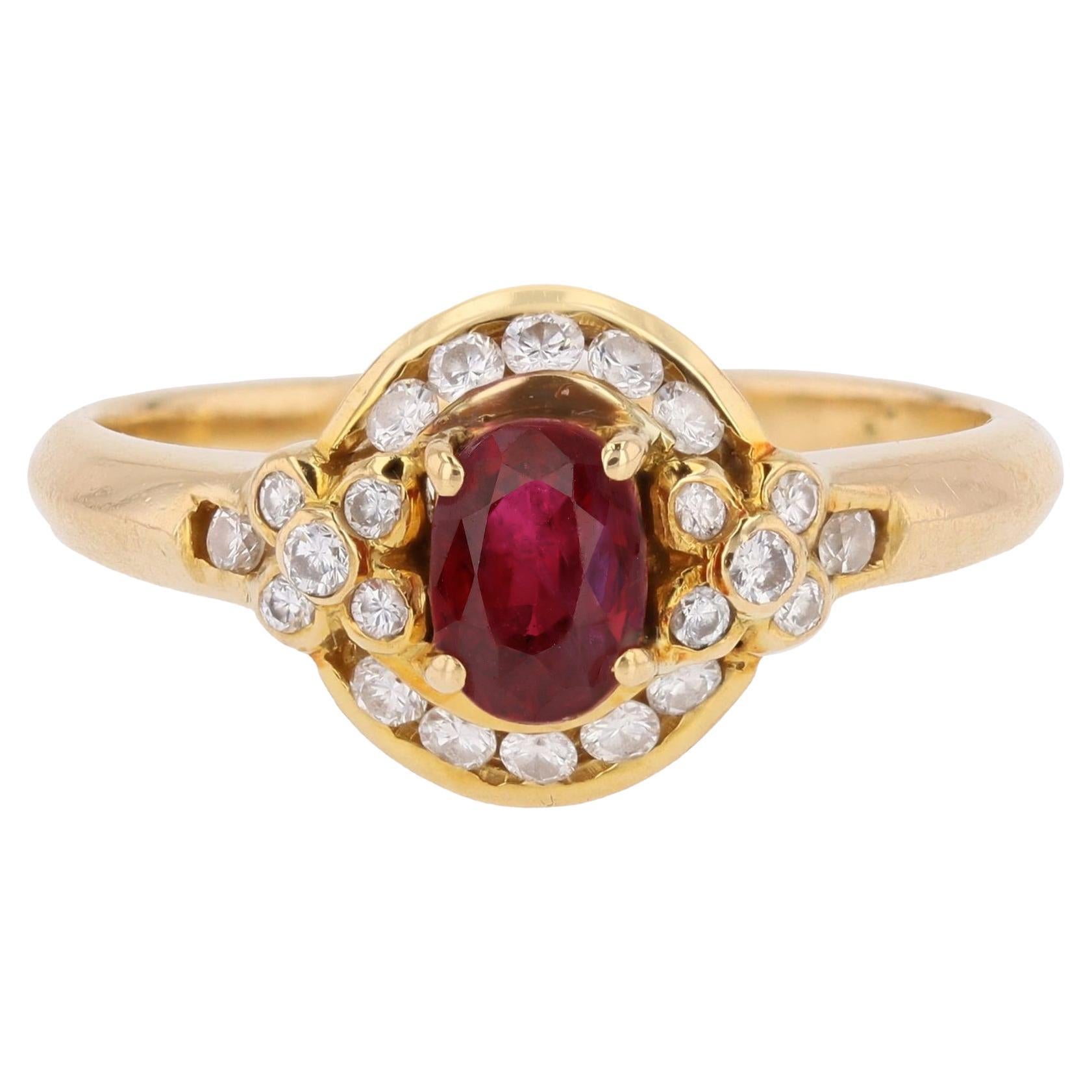 1960s Ruby Diamonds 18 Karat Yellow Gold Oval Ring For Sale