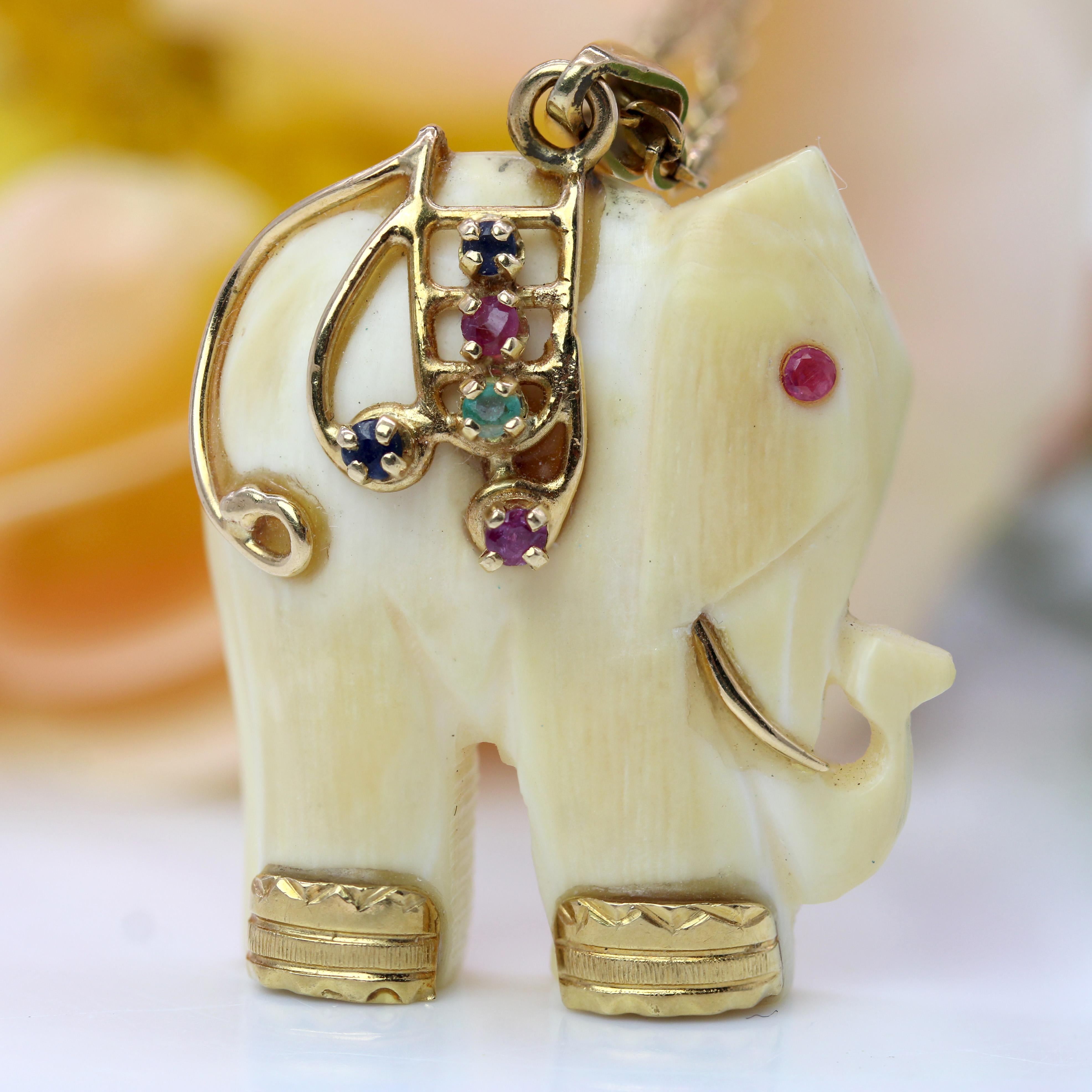 Retro 1960s Ruby Emerald Sapphire 14 Karat Yellow Gold Elephant Pendant For Sale