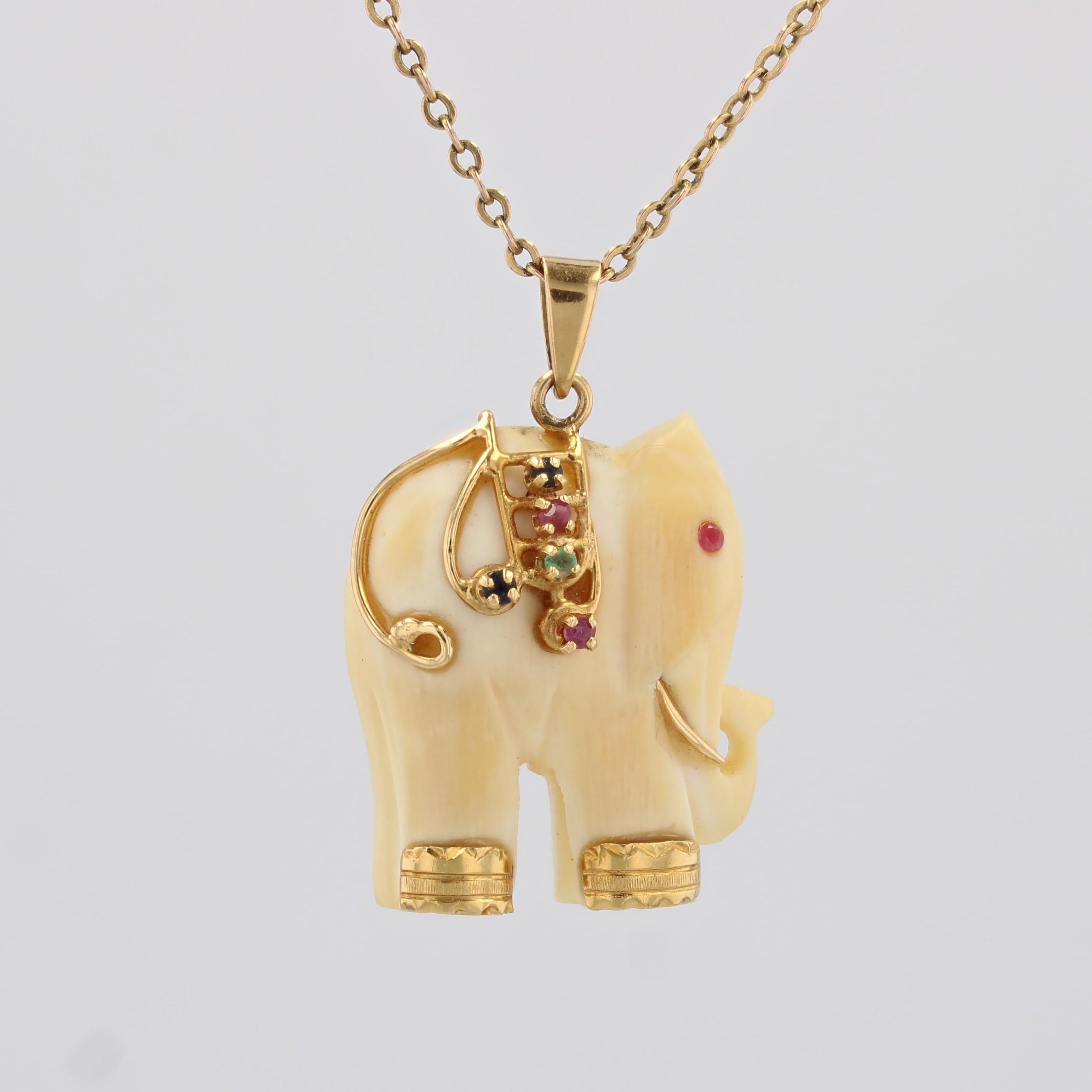 Round Cut 1960s Ruby Emerald Sapphire 14 Karat Yellow Gold Elephant Pendant For Sale