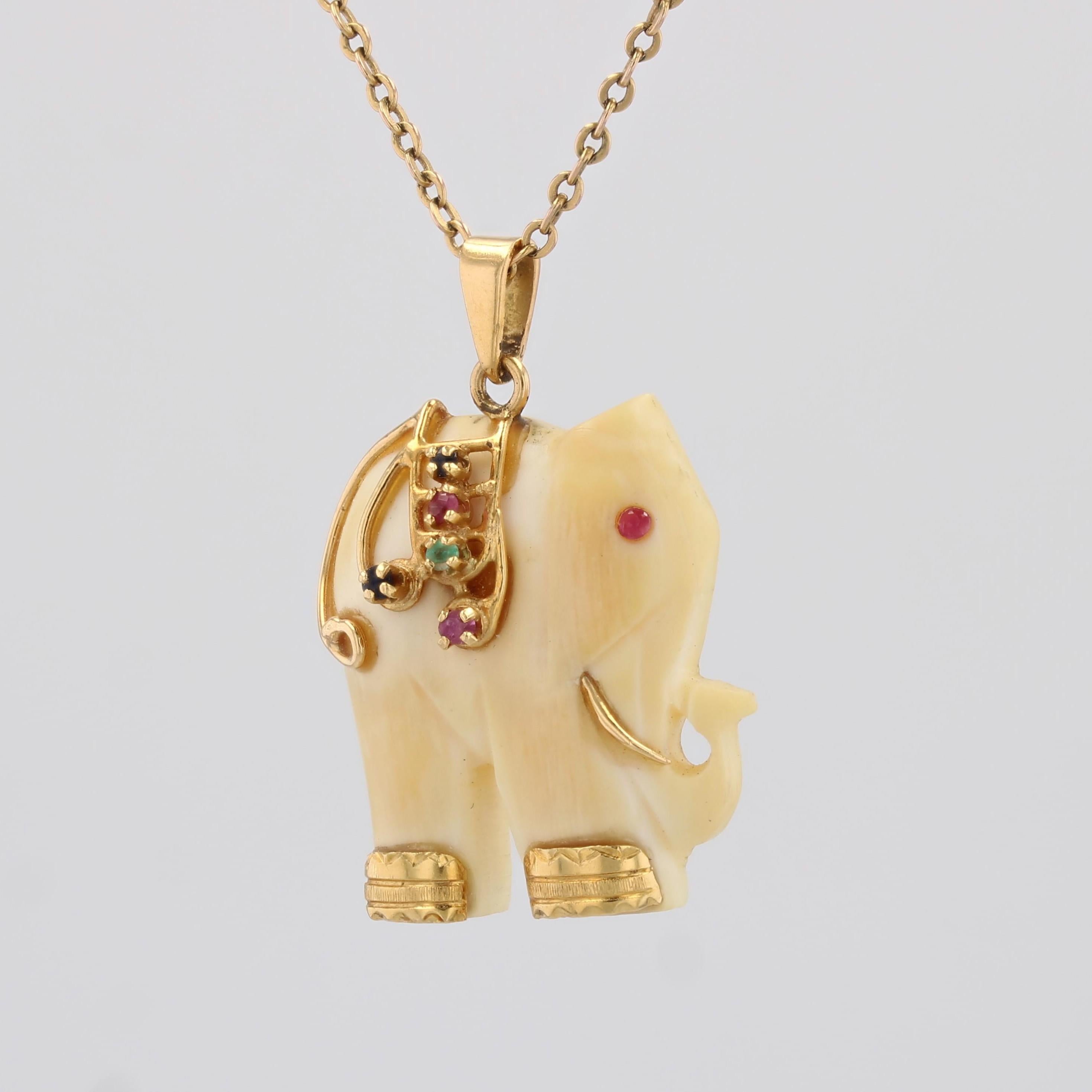 Women's 1960s Ruby Emerald Sapphire 14 Karat Yellow Gold Elephant Pendant For Sale