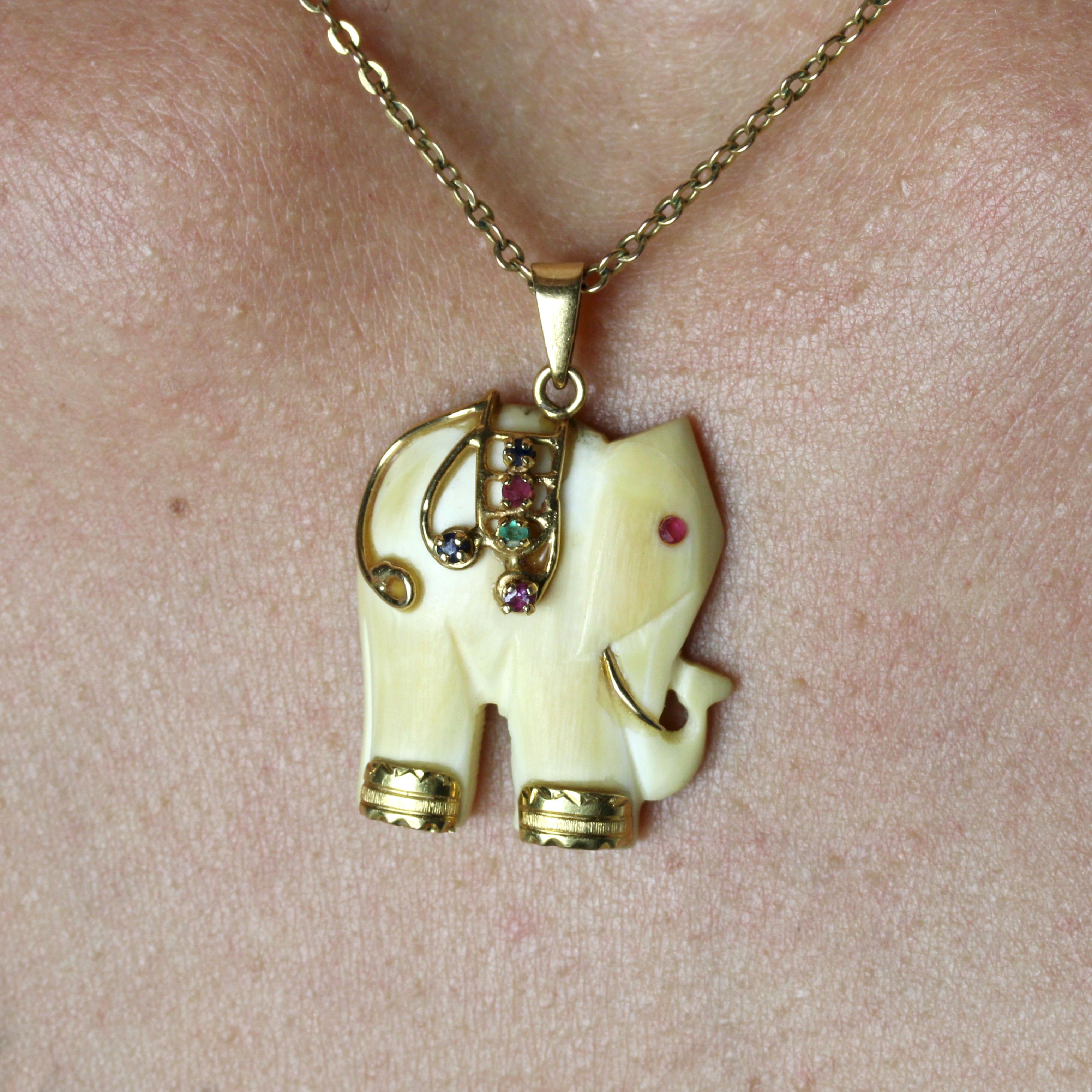 1960s Ruby Emerald Sapphire 14 Karat Yellow Gold Elephant Pendant For Sale 1