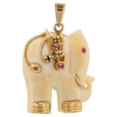 1960s Ruby Emerald Sapphire 14 Karat Yellow Gold Elephant Pendant