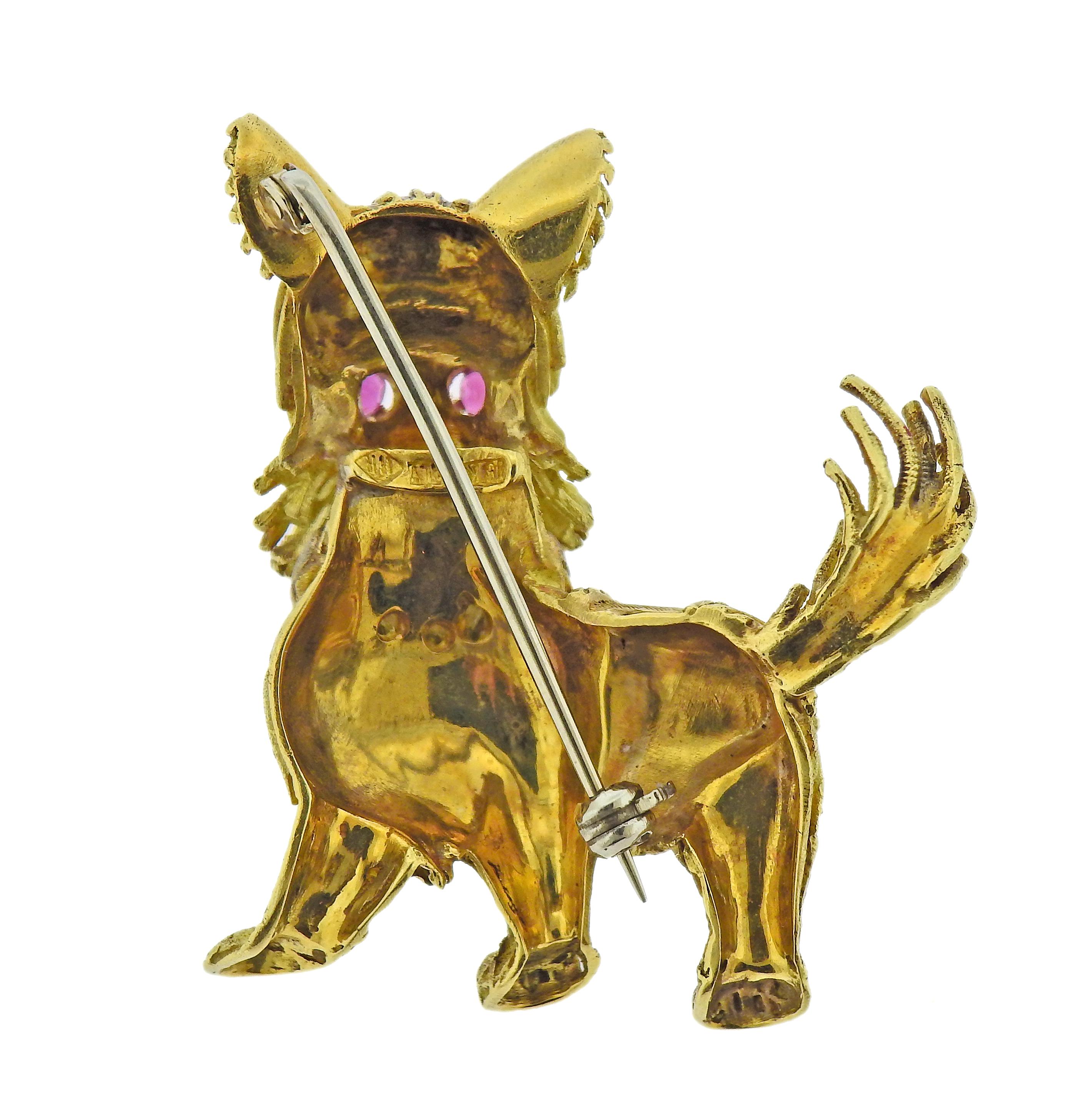 1960s 18k gold dog brooch with ruby eyes. Brooch measures 35mm x 39mm. Marked: 18k Italy. Weight - 15.3 grams. 