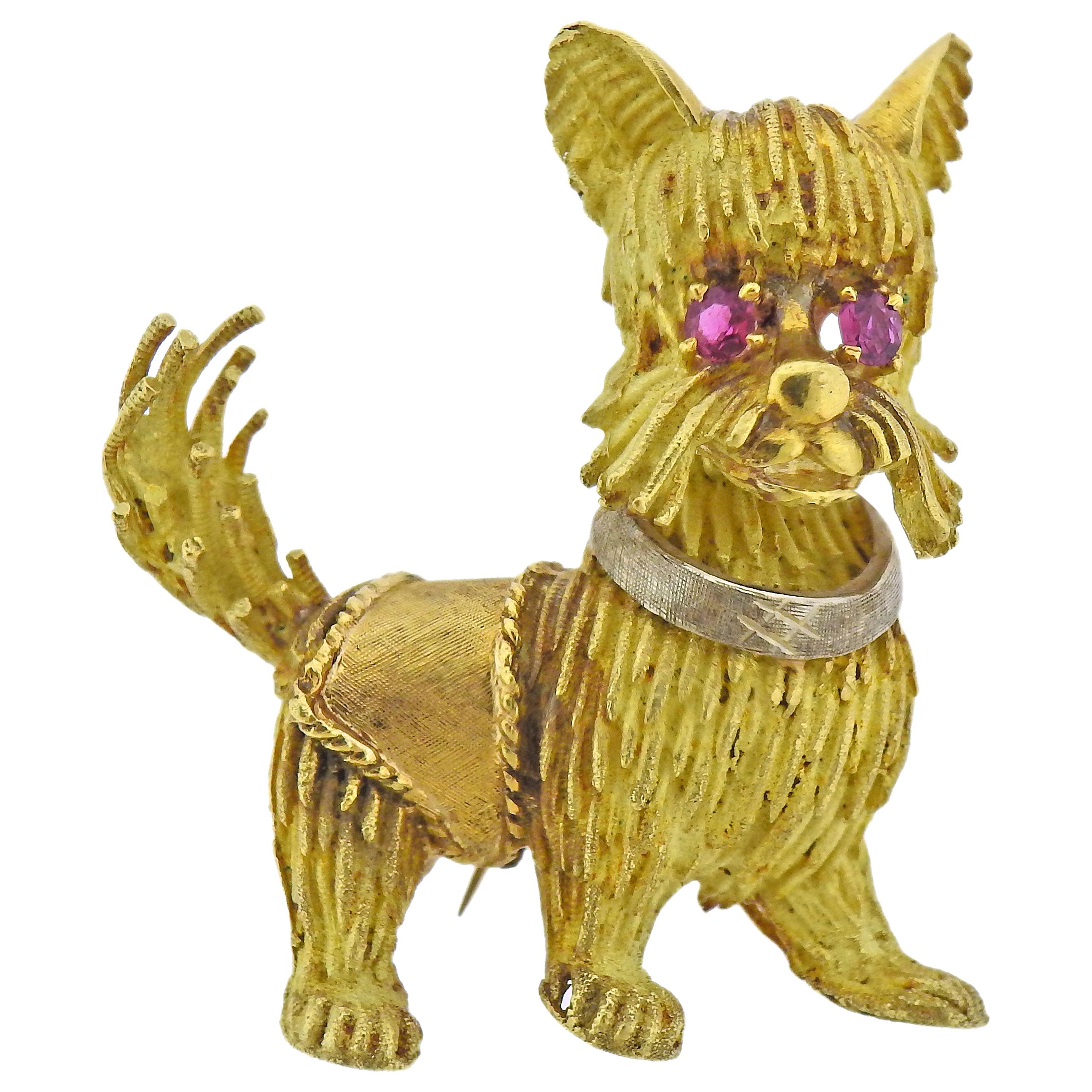 1960s Ruby Gold Dog Brooch Pin For Sale