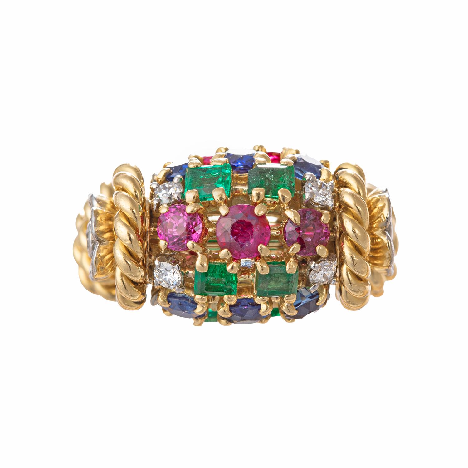 1960 Ruby Sapphire Emerald Diamond Cocktail Ring (bague de cocktail rubis saphir émeraude) Excellent état - En vente à Palm Beach, FL
