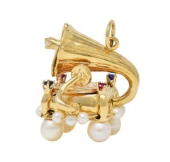 1960's Ruby Sapphire Pearl 14K Yellow Gold Vintage Record Player Pendant Charm