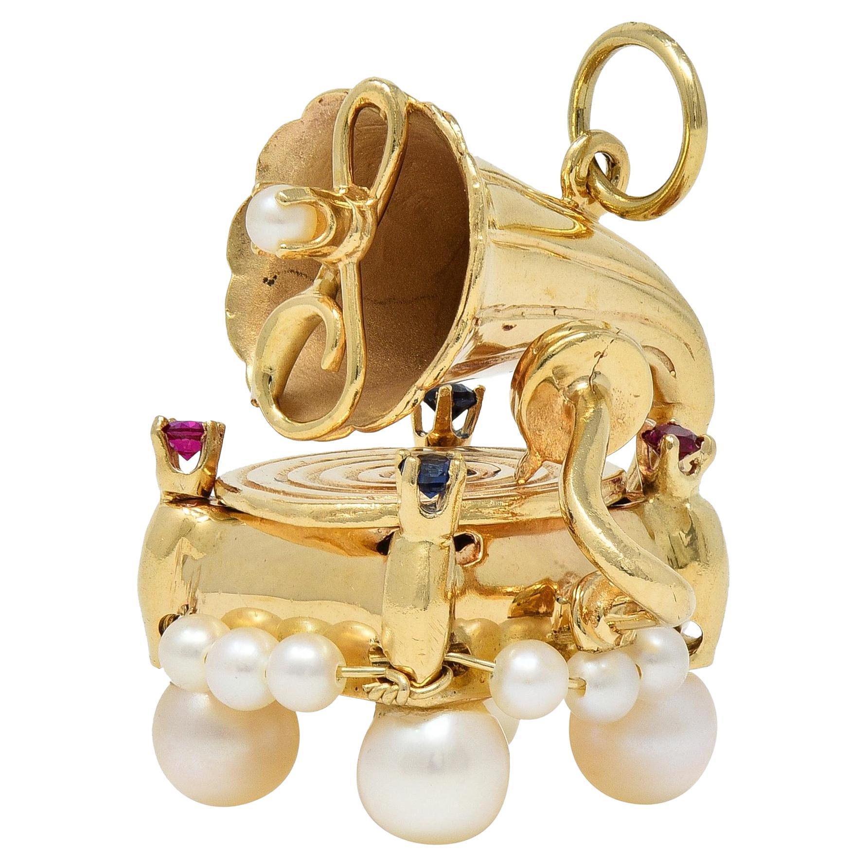 1960's Ruby Sapphire Pearl 14K Yellow Gold Vintage Record Player Pendant Charm