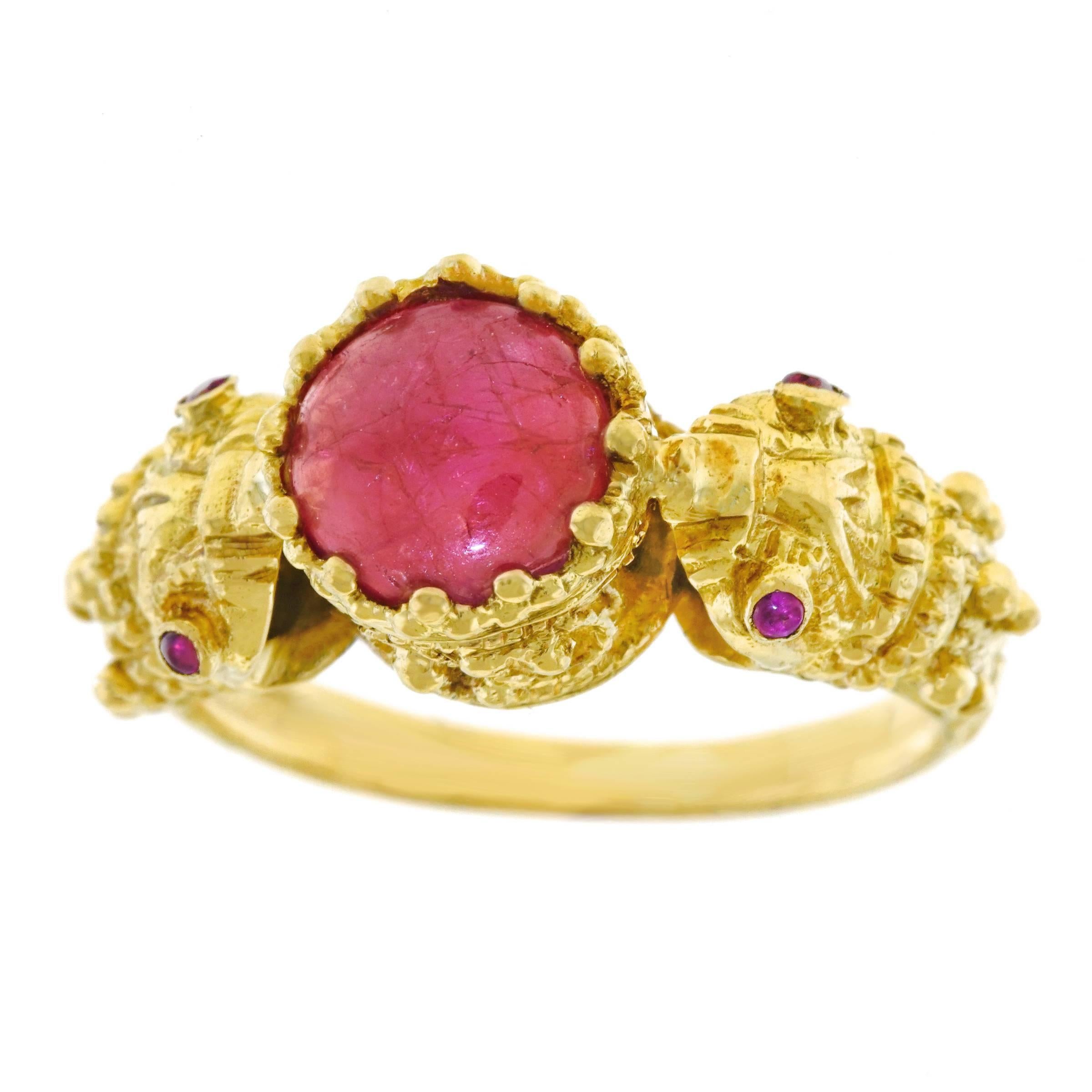 1960s Ruby Set Gold Double Snake Ring