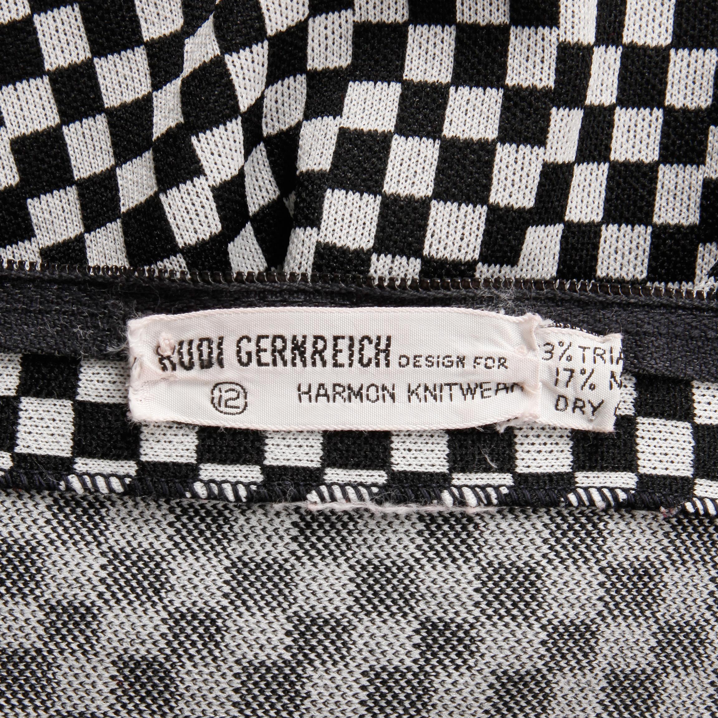 Rare and iconic vintage black and white checkered mini dress by Rudi Gernreich for Harmon Knitwear. Short sleeves and Unlined with rear zip and hook closure. Hidden side pockets.  73% Triacetate, 17% nylon. The marked size is 12, but the dress fits