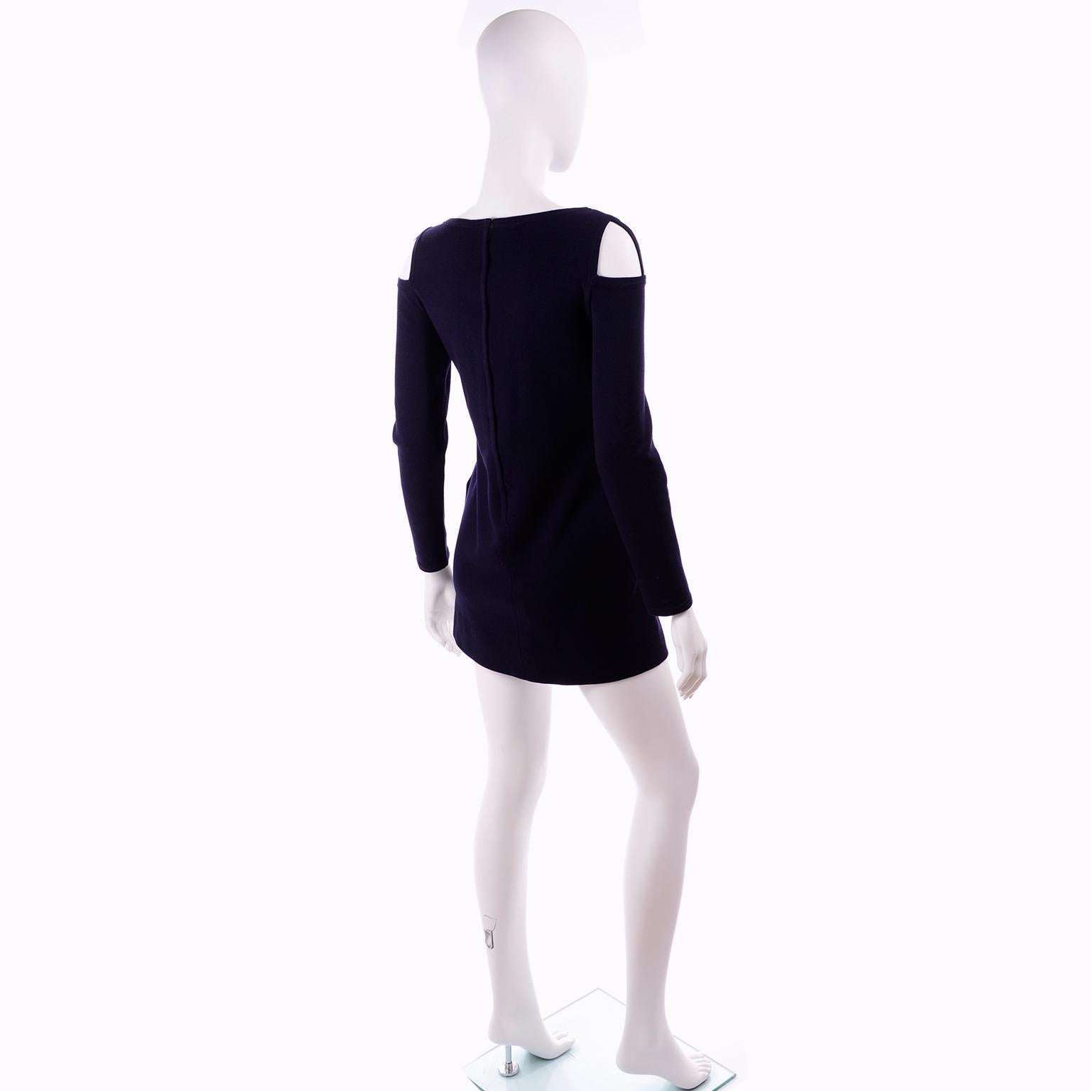 Black 1960s Rudi Gernreich Navy Blue Wool Knit Vintage Dress With Cutout Shoulders