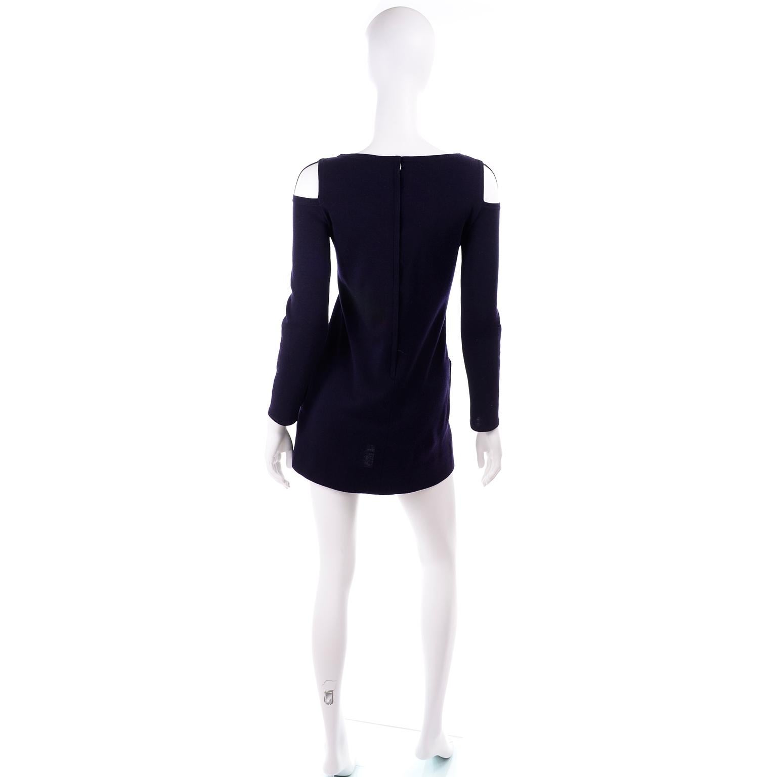 1960s Rudi Gernreich Navy Blue Wool Knit Vintage Dress With Cutout Shoulders In Excellent Condition In Portland, OR
