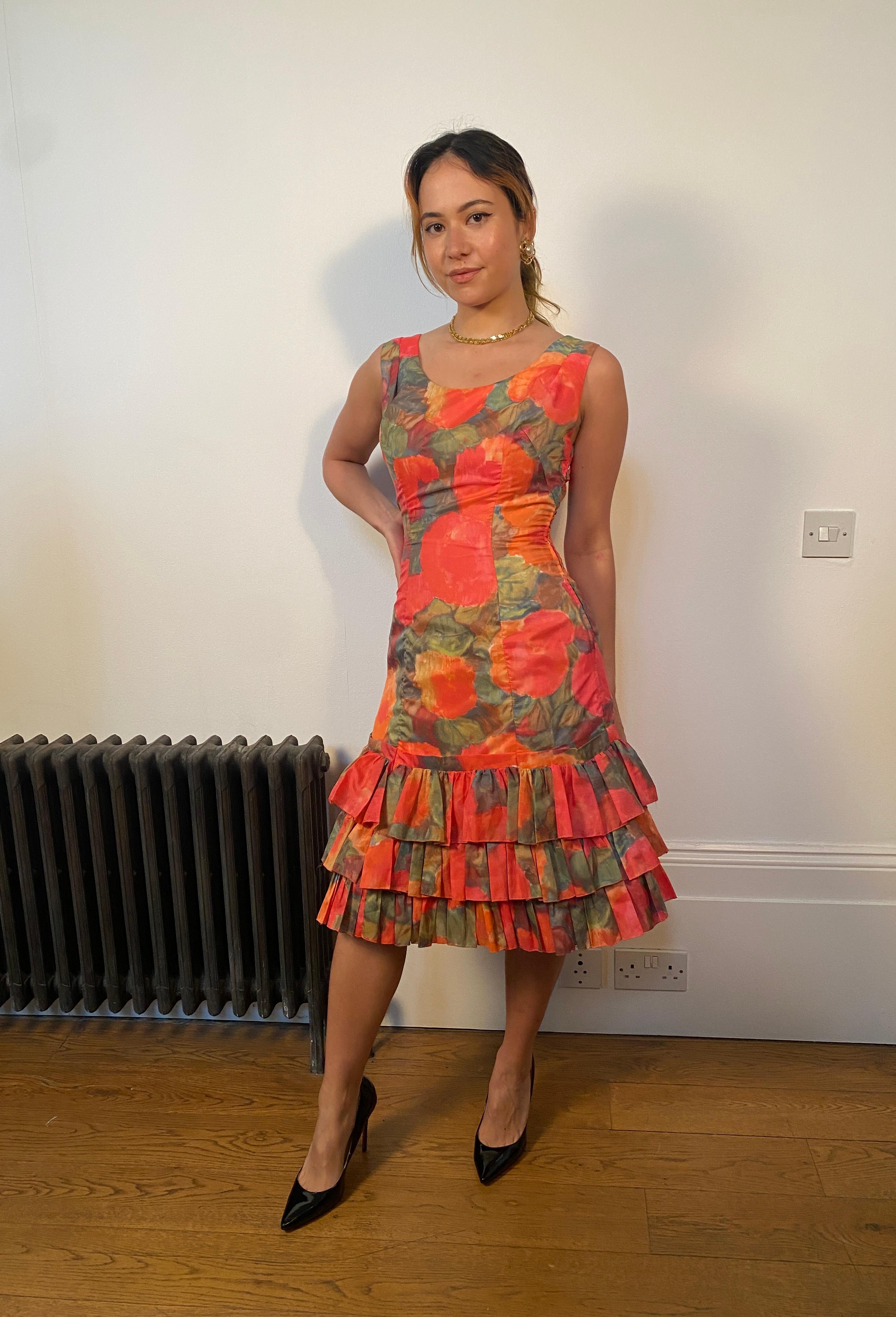 Women's 1960s Ruffle Tiered Orange and Pink Watercolour Floral Print Dress For Sale