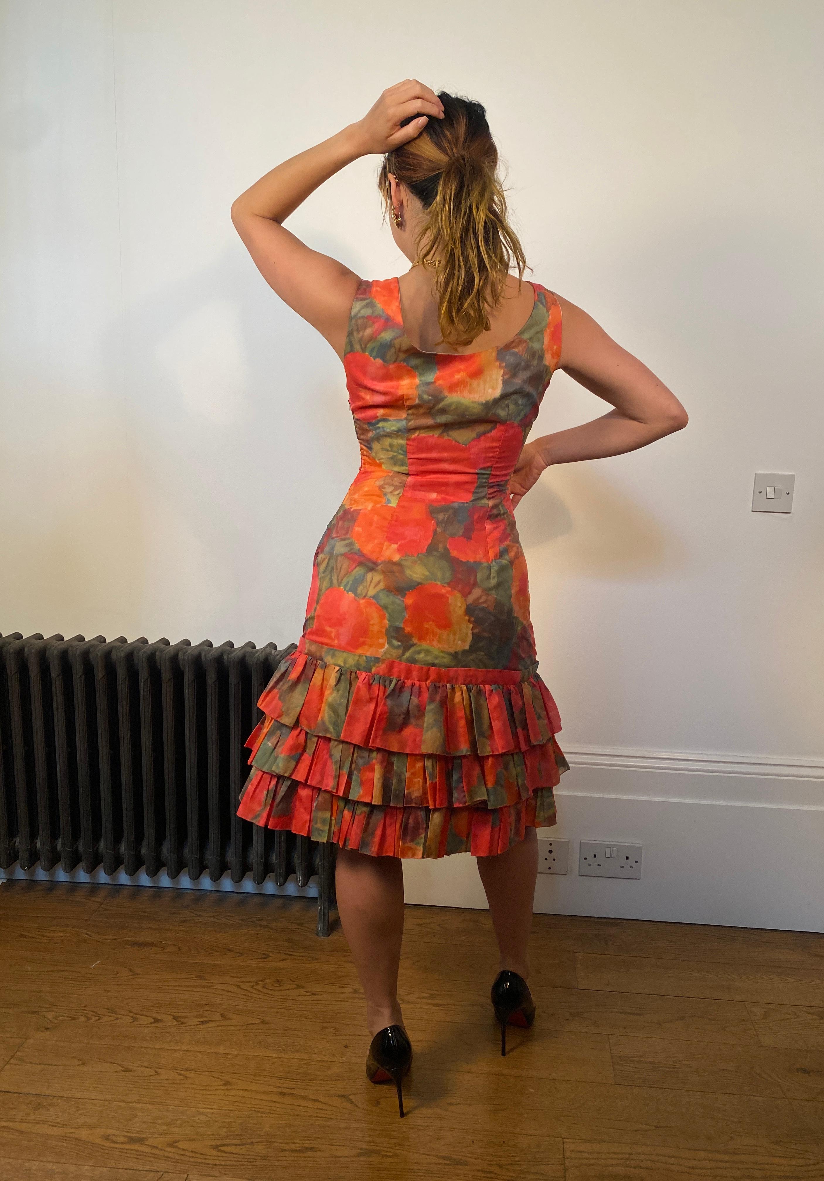 1960s Ruffle Tiered Orange and Pink Watercolour Floral Print Dress For Sale 1