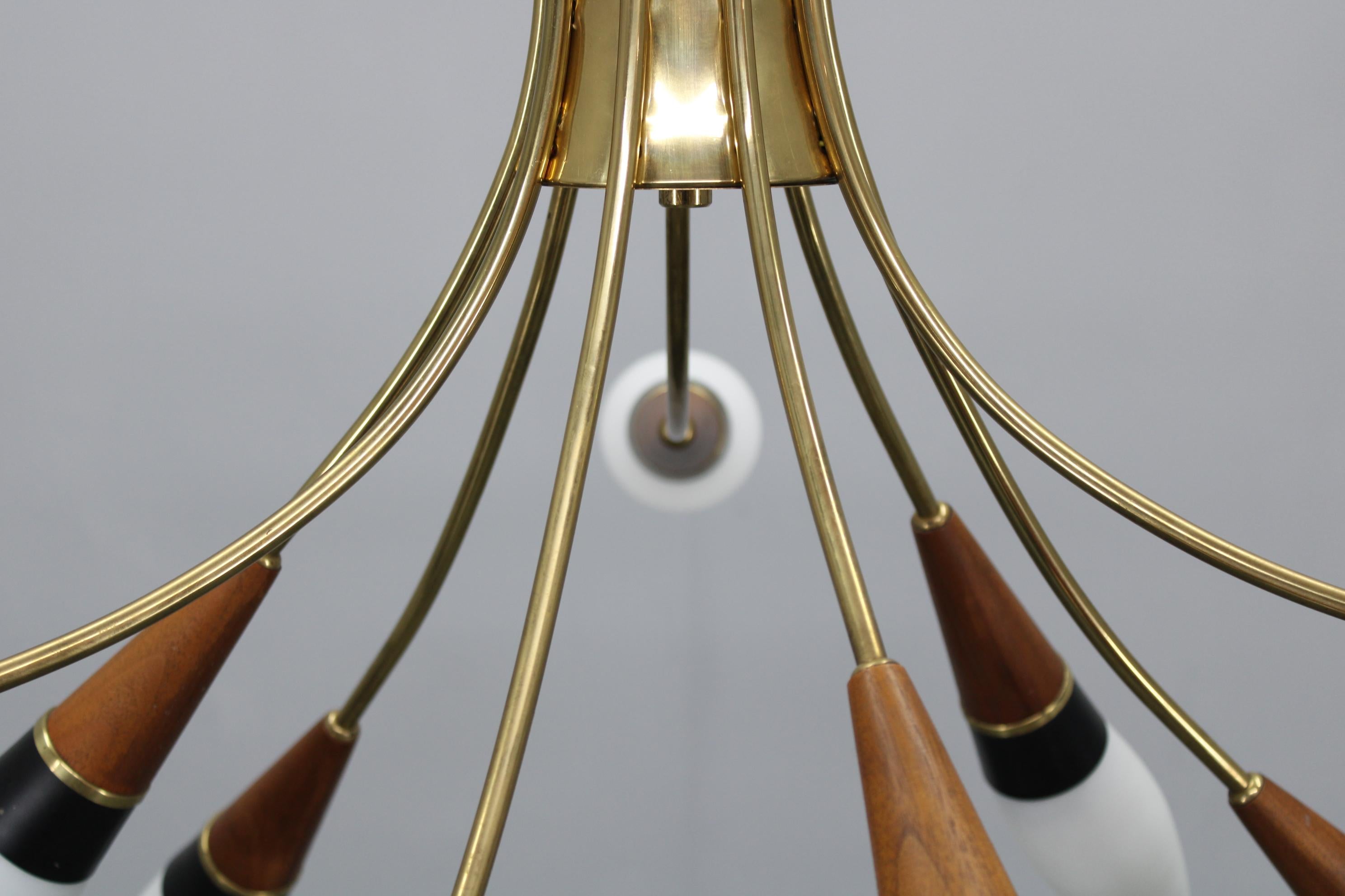1960s Rupert Nikoll Brass and Teak Opaline Glass Chandelier, Austria For Sale 6