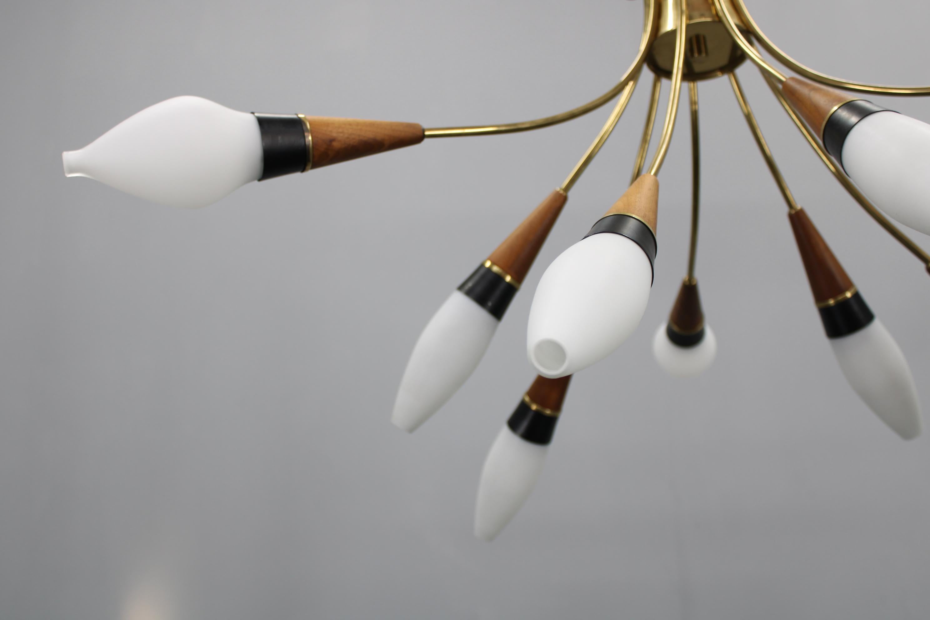 1960s Rupert Nikoll Brass and Teak Opaline Glass Chandelier, Austria For Sale 7