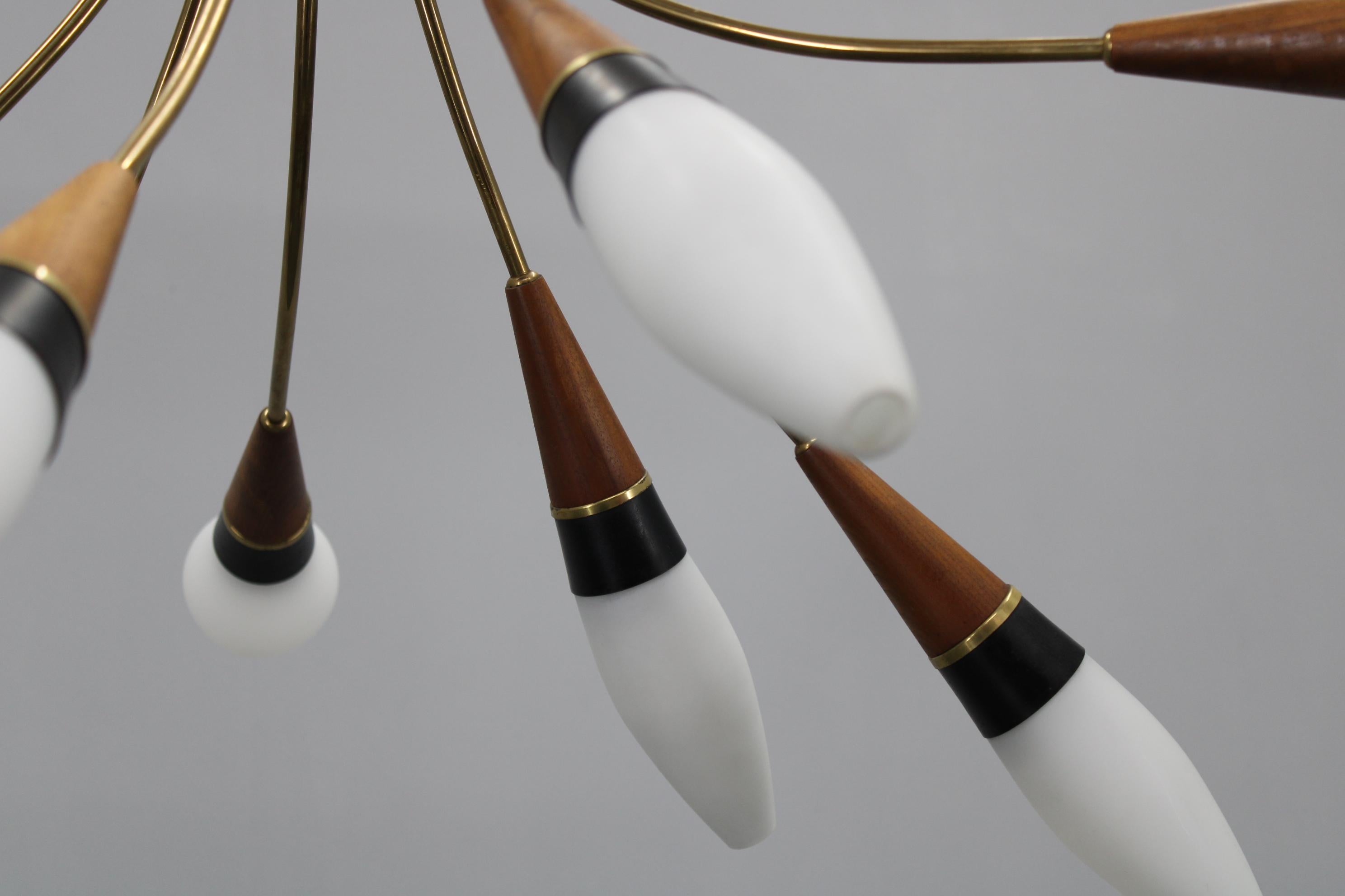 1960s Rupert Nikoll Brass and Teak Opaline Glass Chandelier, Austria For Sale 8