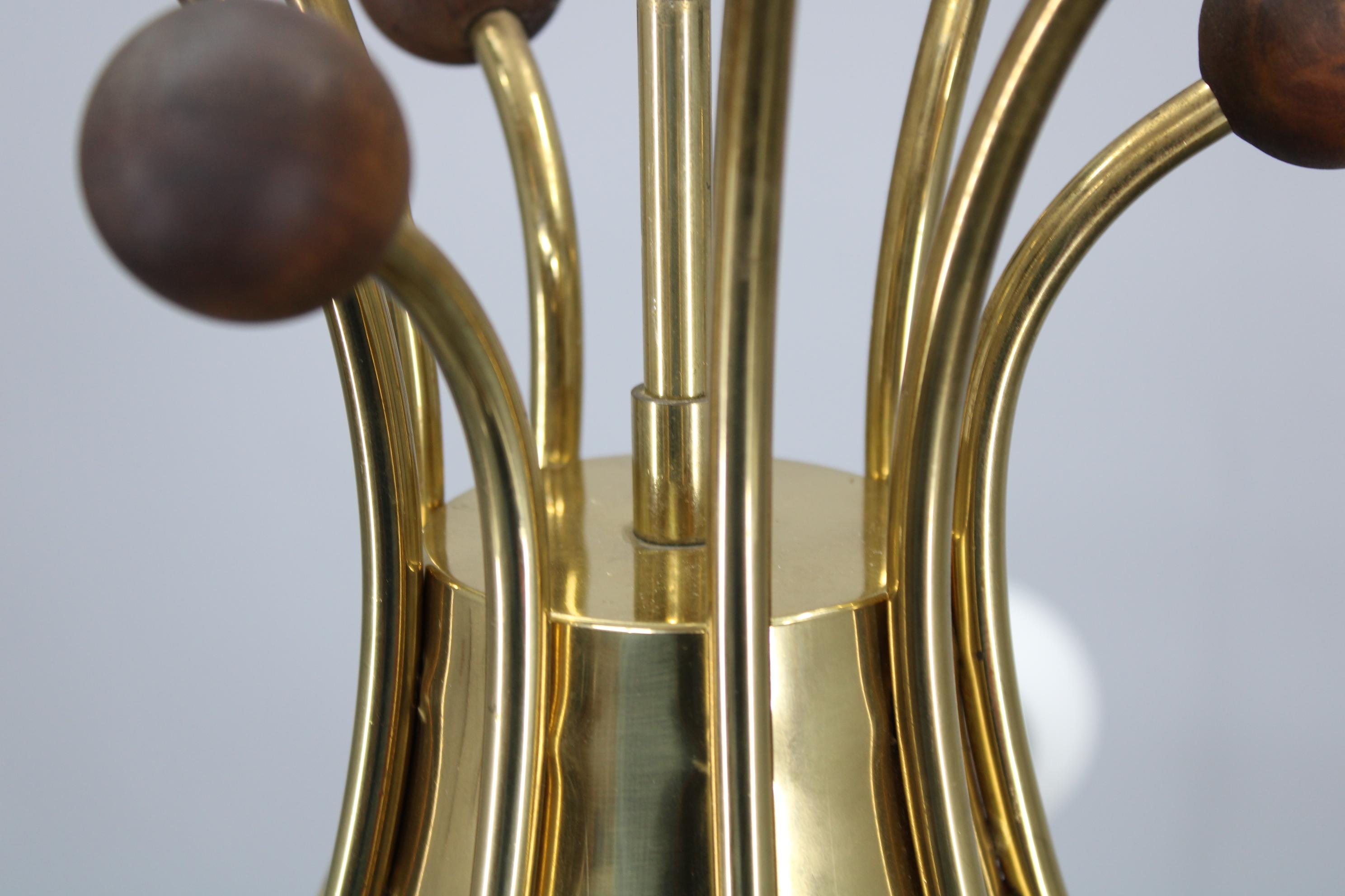 1960s Rupert Nikoll Brass and Teak Opaline Glass Chandelier, Austria For Sale 11