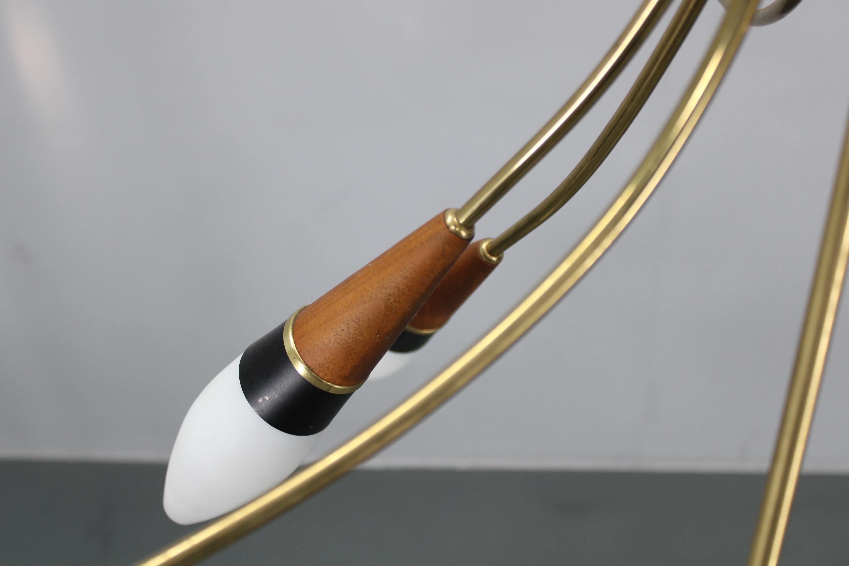 1960s Rupert Nikoll Brass and Teak Opaline Glass Chandelier, Austria For Sale 12