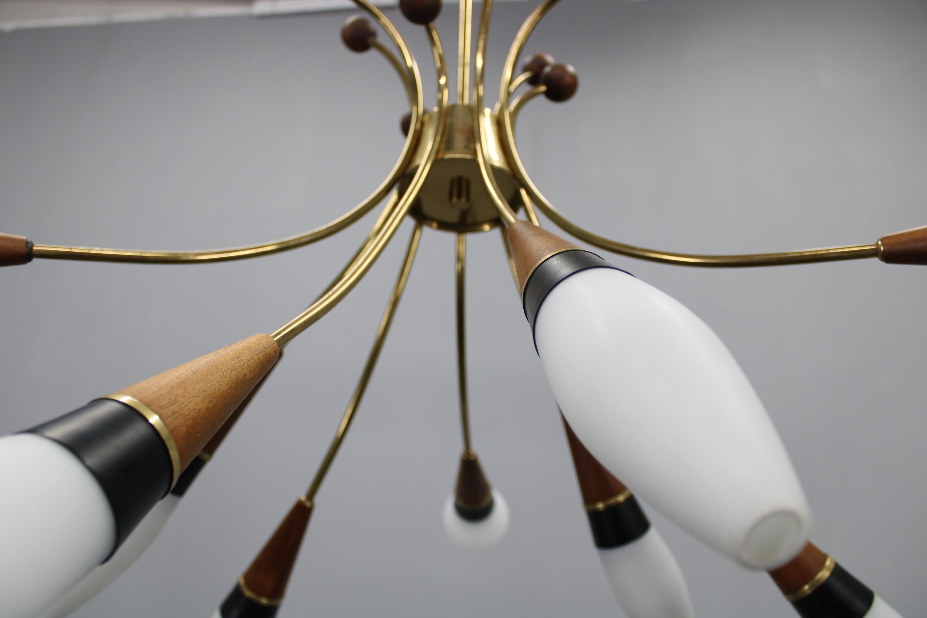 1960s Rupert Nikoll Brass and Teak Opaline Glass Chandelier, Austria For Sale 13