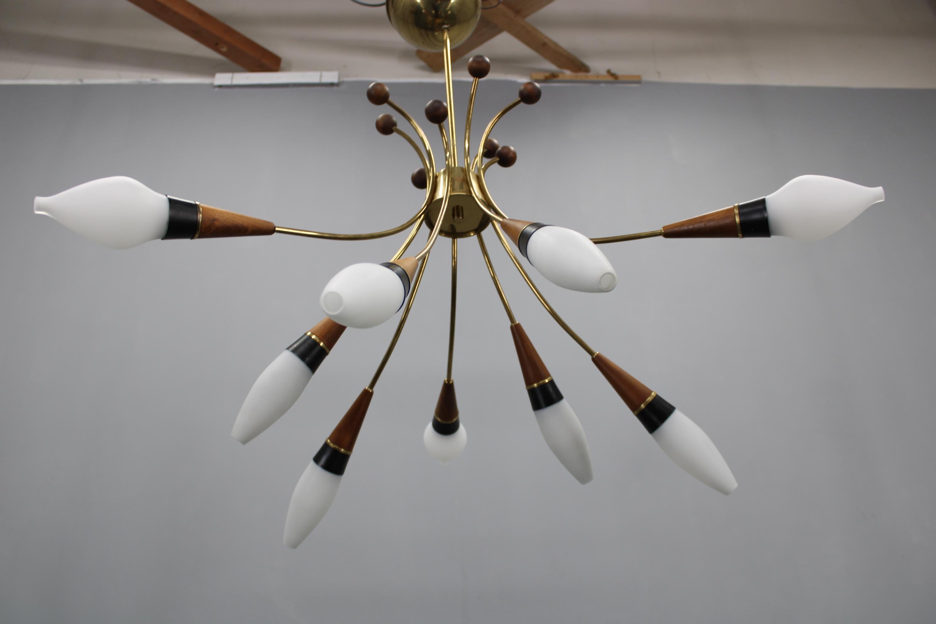 1960s Rupert Nikoll Brass and Teak Opaline Glass Chandelier, Austria For Sale 14