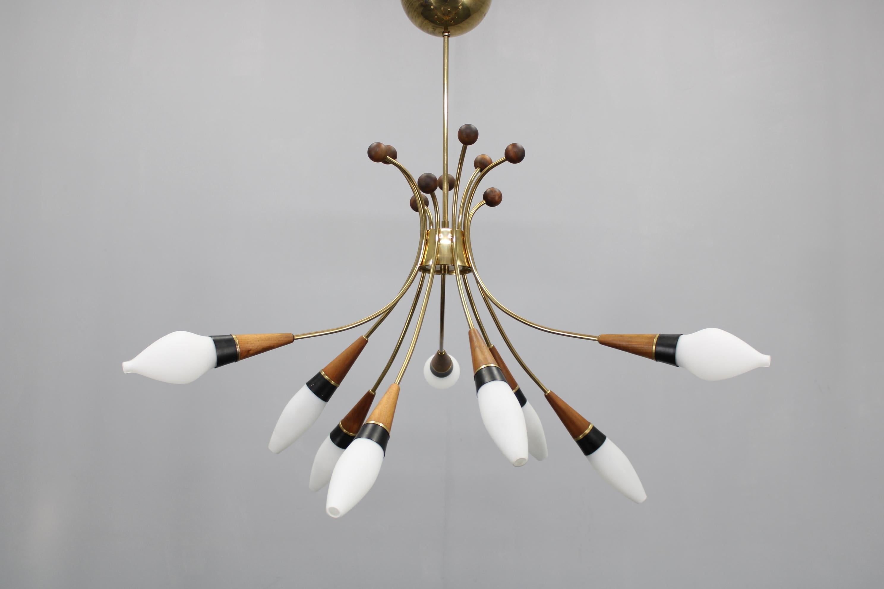 Mid-Century Modern 1960s Rupert Nikoll Brass and Teak Opaline Glass Chandelier, Austria For Sale