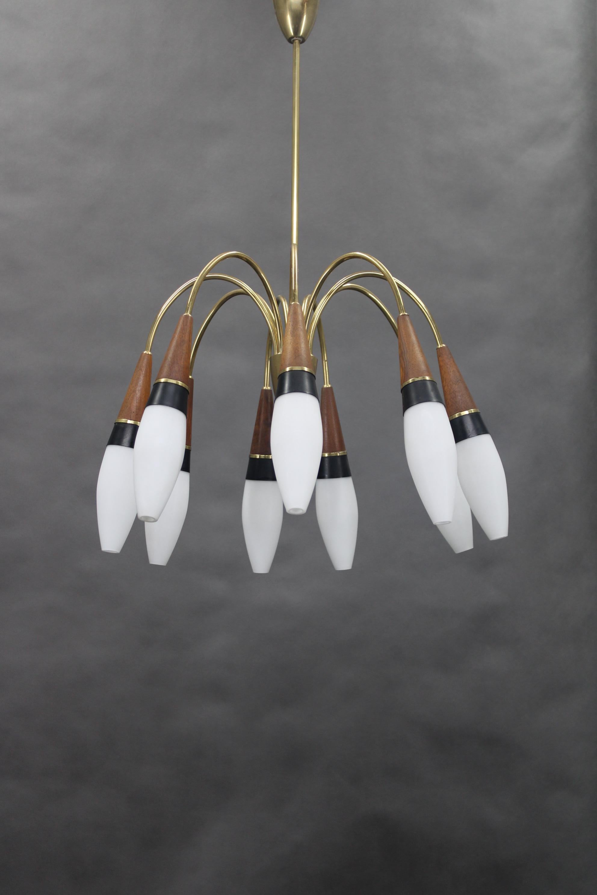 Austrian 1960s Rupert Nikoll Brass and Teak Opaline Glass Chandelier , Austria For Sale