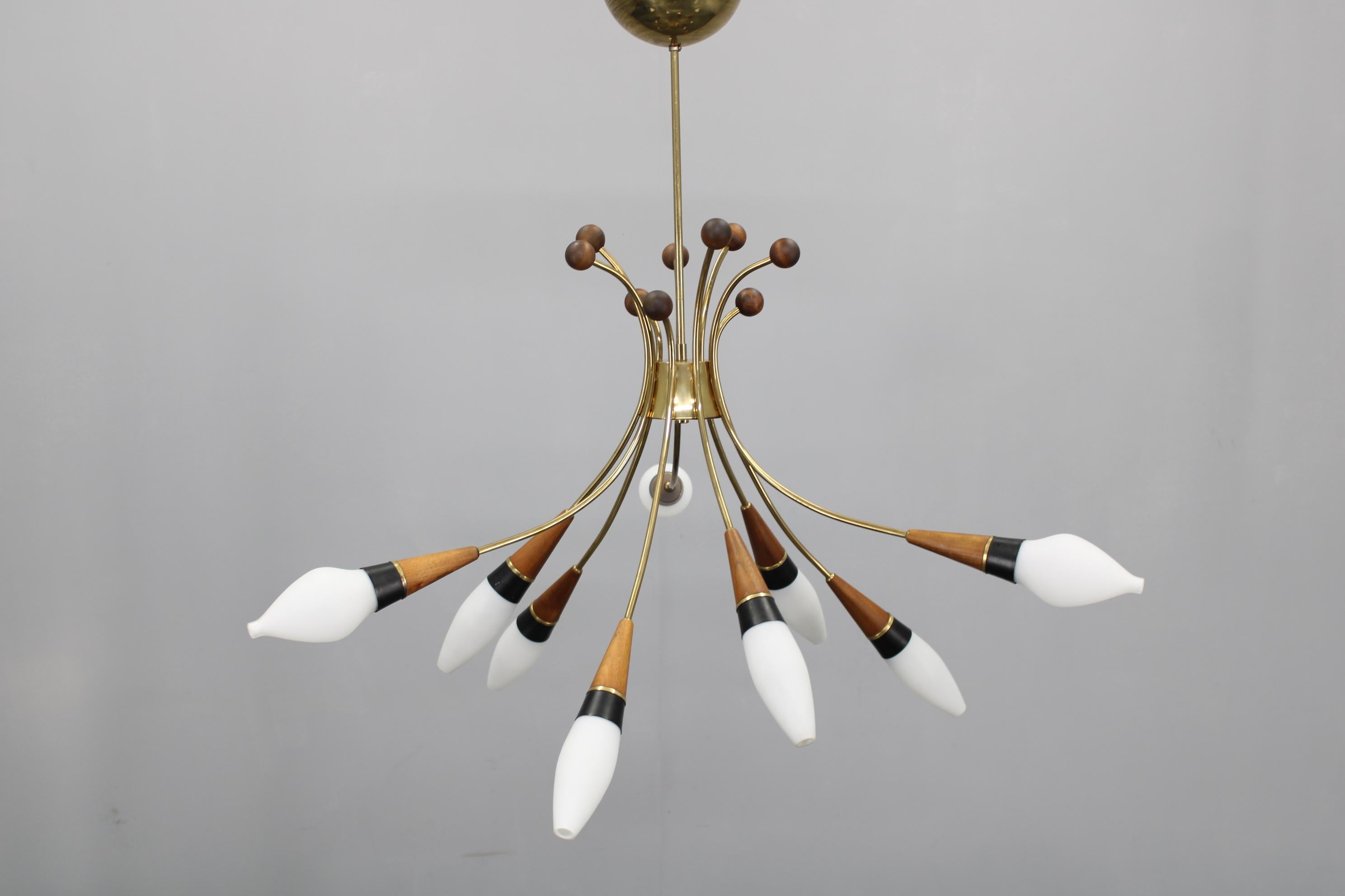 Austrian 1960s Rupert Nikoll Brass and Teak Opaline Glass Chandelier, Austria For Sale