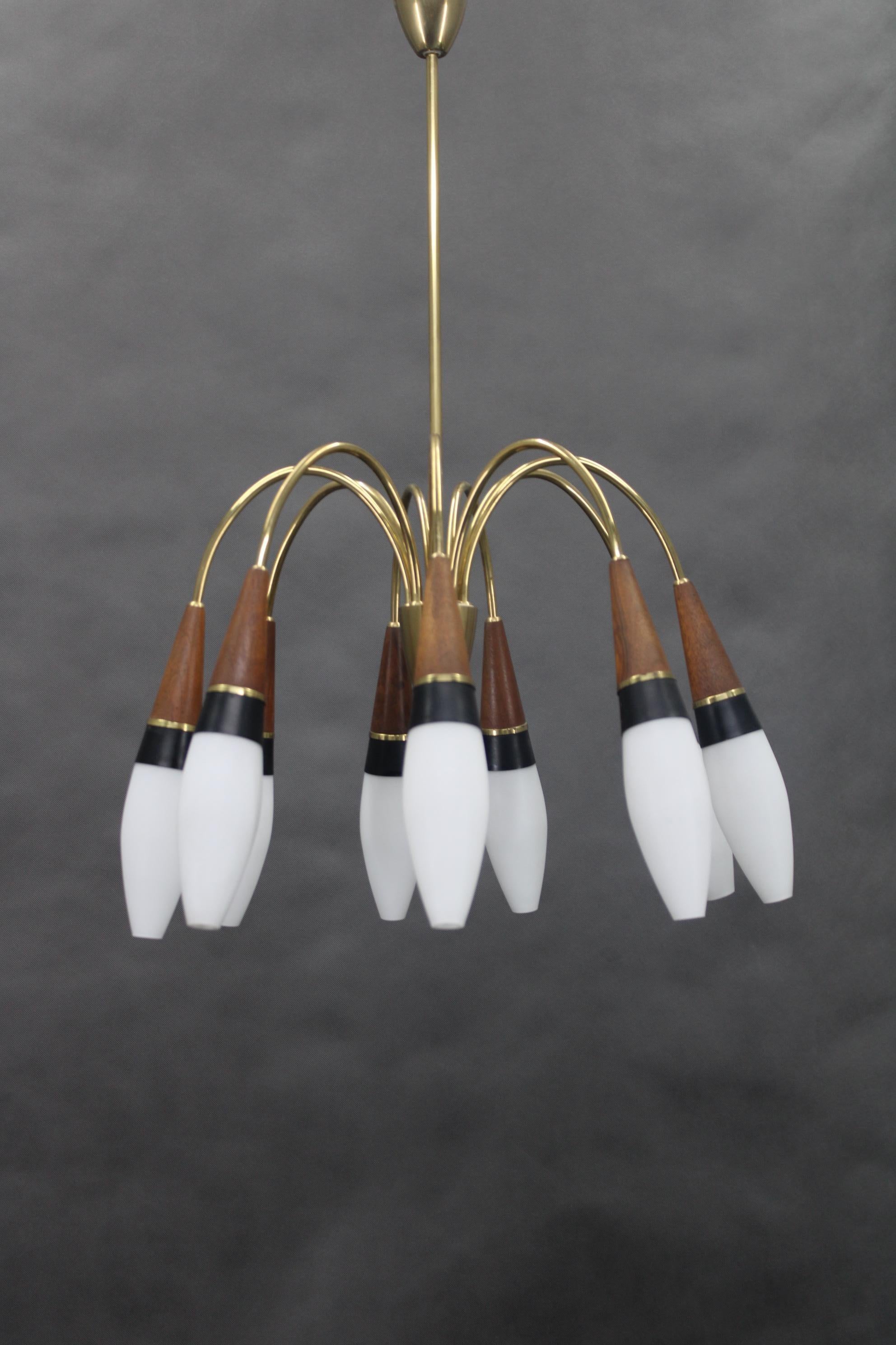 1960s Rupert Nikoll Brass and Teak Opaline Glass Chandelier , Austria In Good Condition For Sale In Praha, CZ