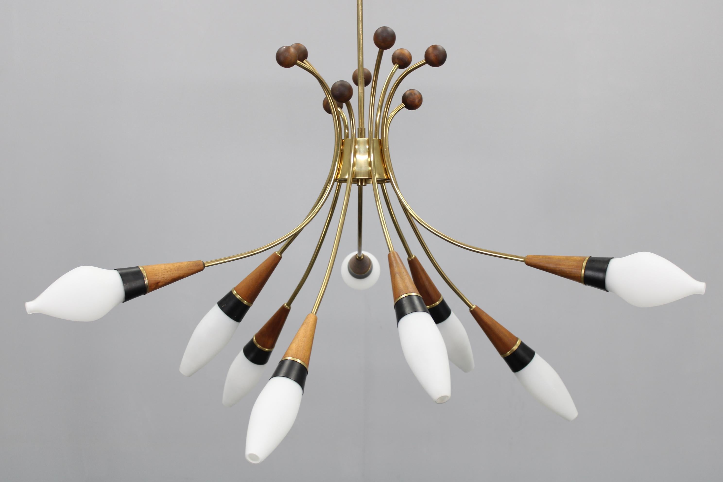 1960s Rupert Nikoll Brass and Teak Opaline Glass Chandelier, Austria In Good Condition For Sale In Praha, CZ